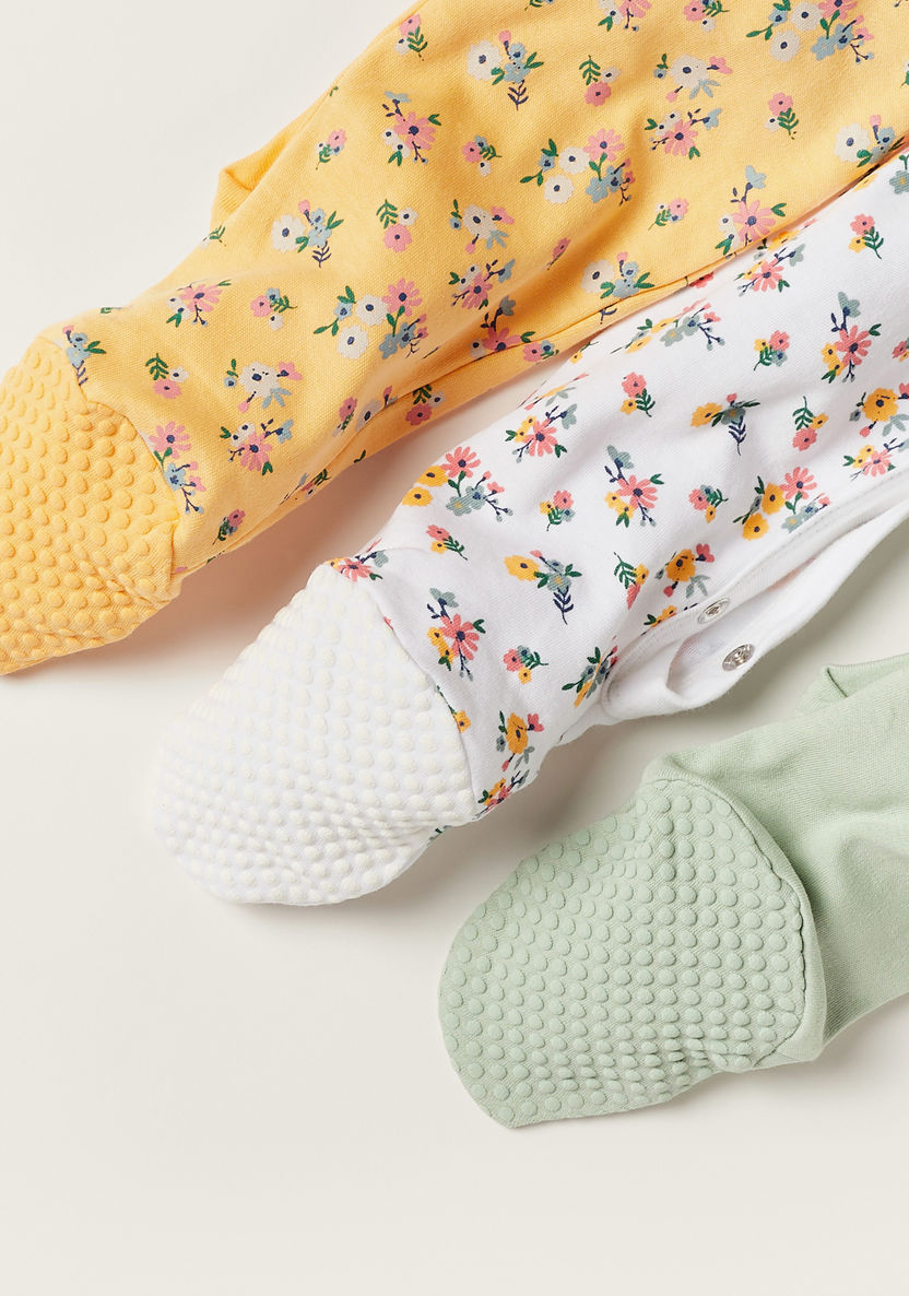 Juniors Floral Print Closed Feet Sleepsuit with Long Sleeves - Set of 3-Multipacks-image-5