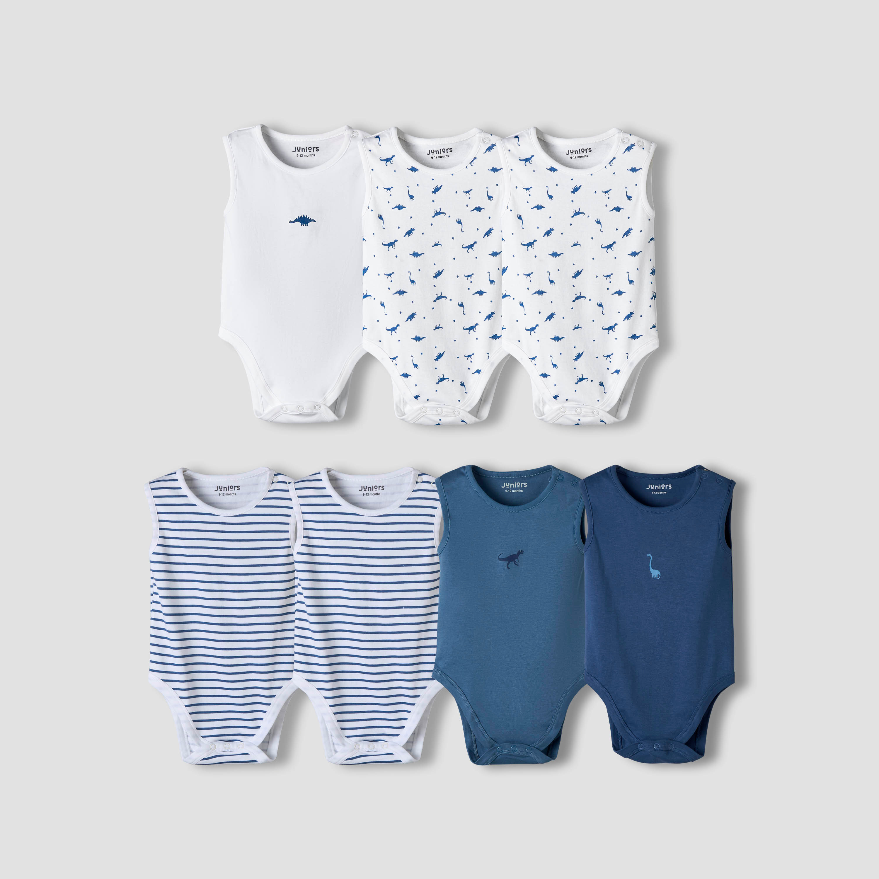 Pack of 7 Juniors Cotton Round Neck Sleeveless Bodysuit with Dinosaur Print-baby-boys-clothing-bodysuits-image-1
