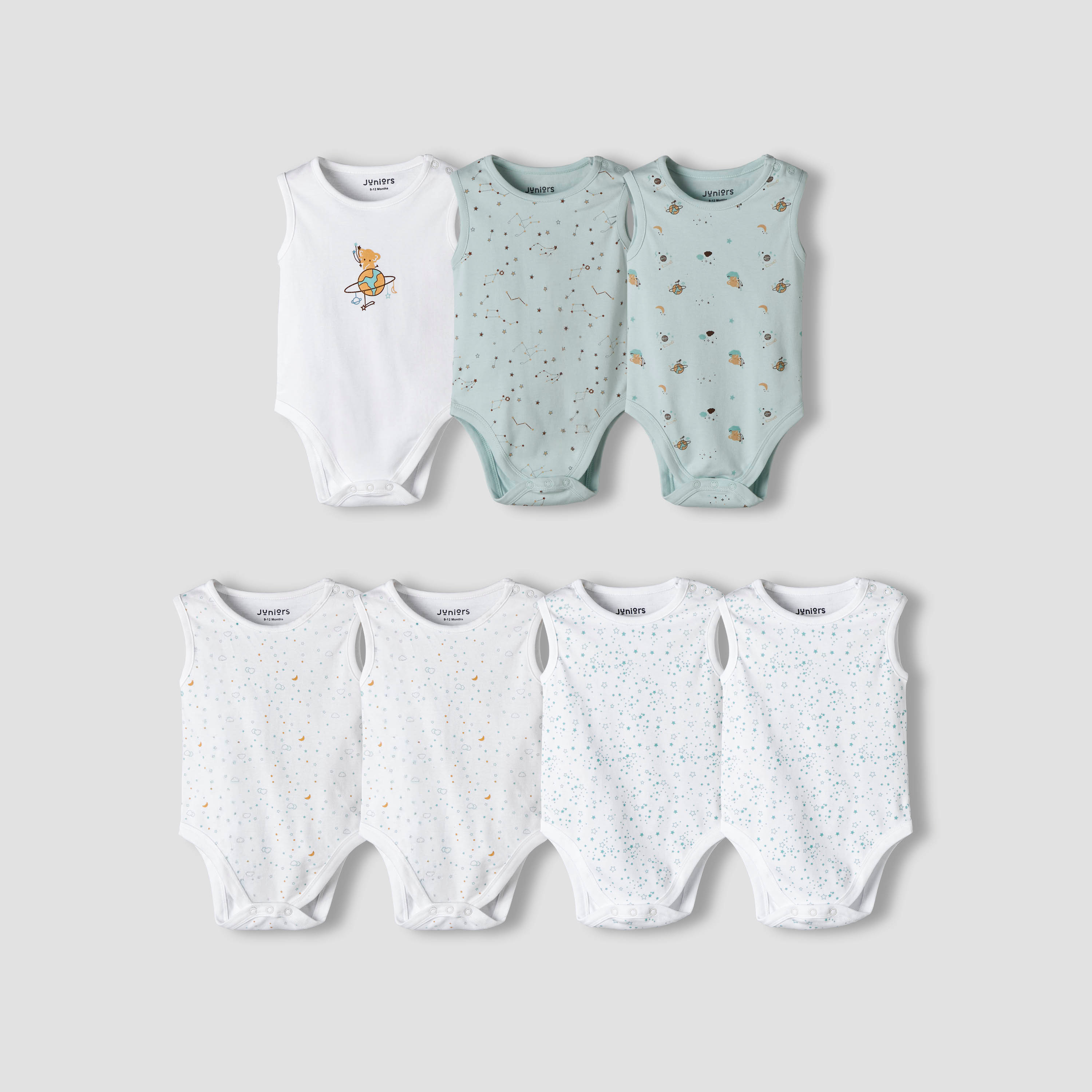 Pack of 7 Juniors Round Neck Cotton Sleeveless Bodysuit with Assorted Print-baby-boys-clothing-bodysuits-image-1