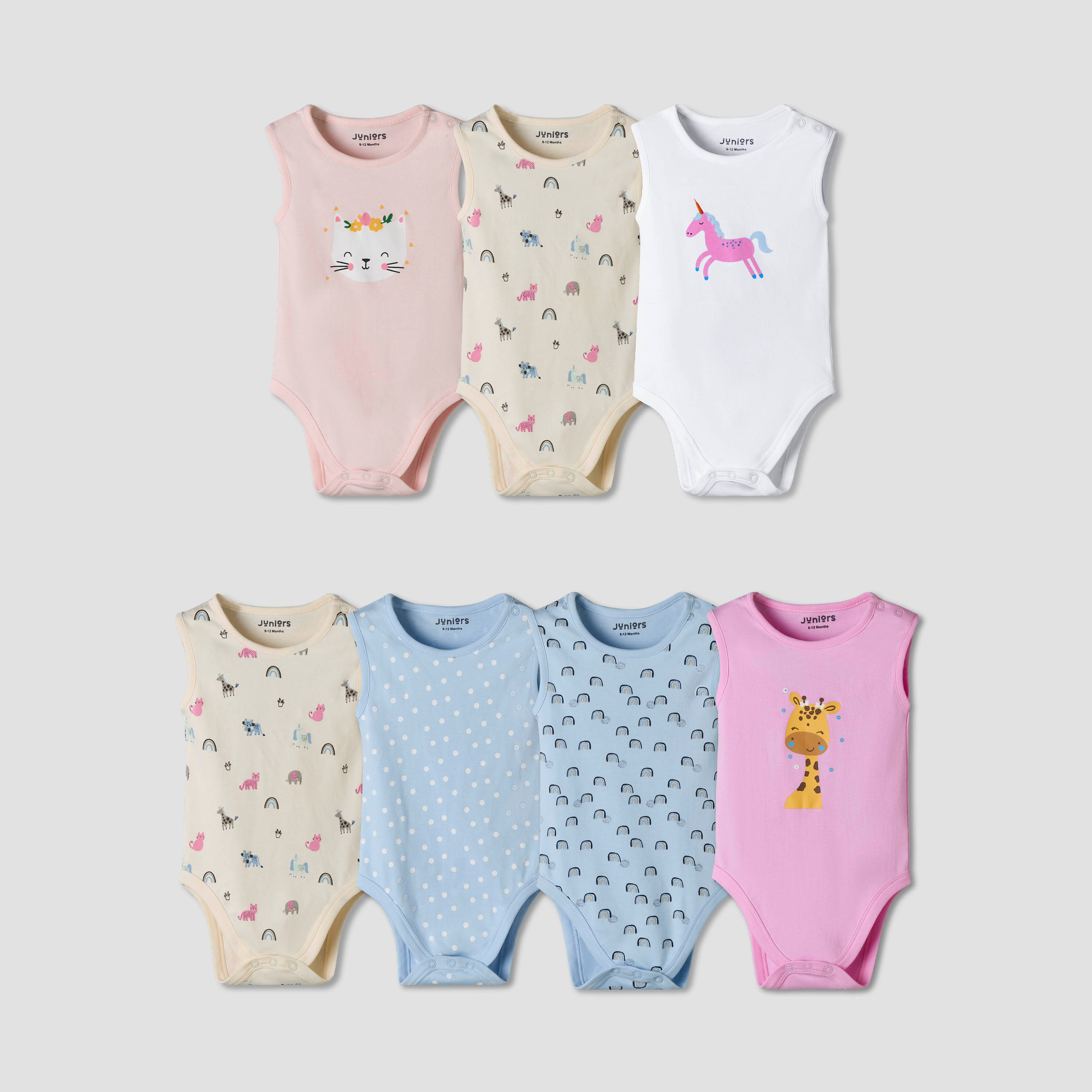 Pack of 7 Juniors Cotton Sleeveless Bodysuit with Fun Print-baby-girls-clothing-bodysuits-image-1