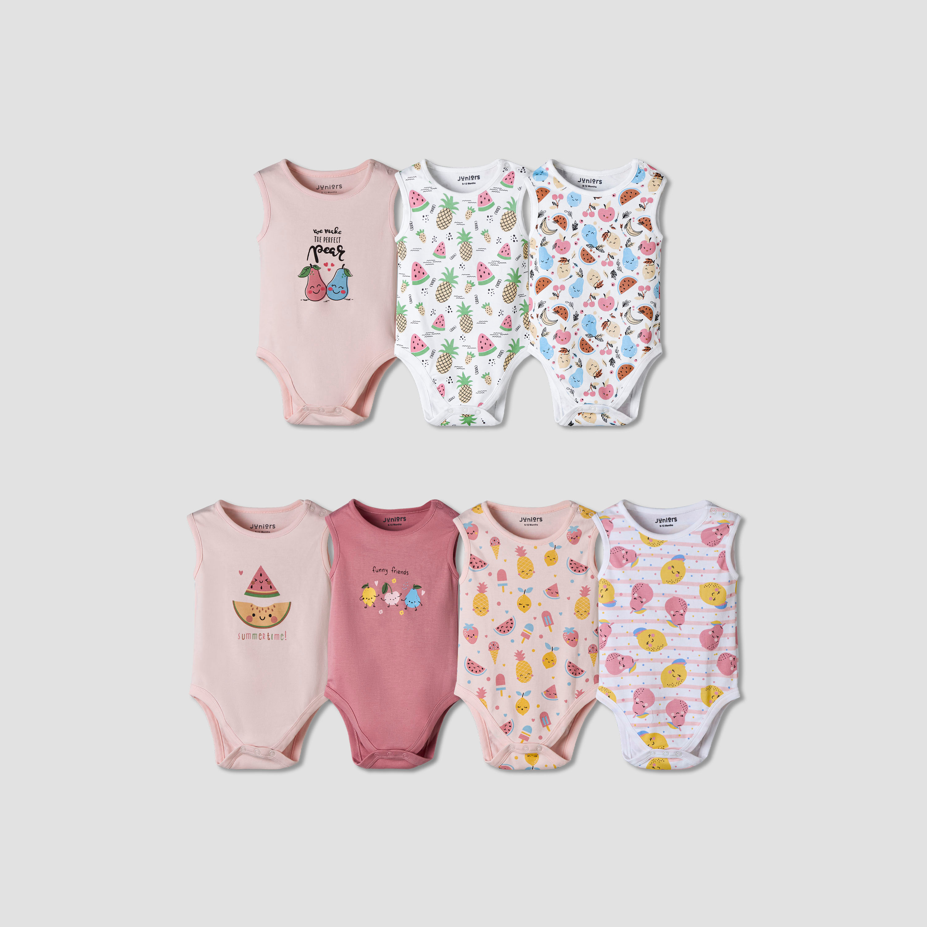Pack of 7 Juniors Cotton Sleeveless Bodysuit with Fruit Print-baby-girls-clothing-bodysuits-image-1