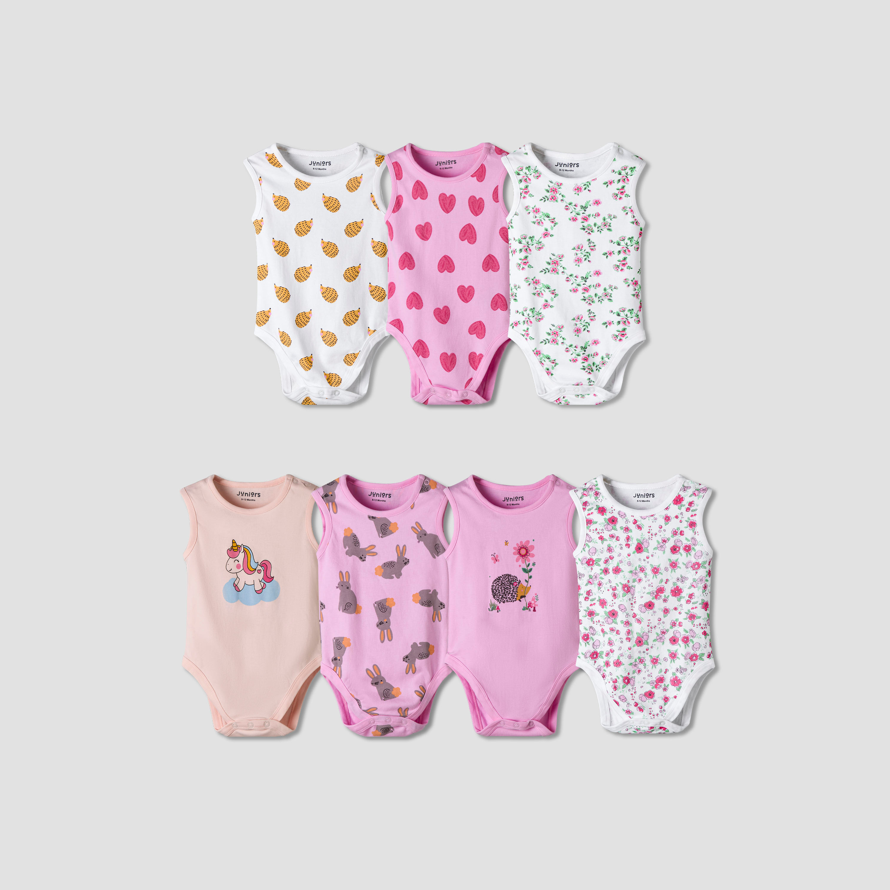 Pack of 7 Juniors Cotton Sleeveless Bodysuit with Assorted Print-baby-girls-clothing-bodysuits-image-1