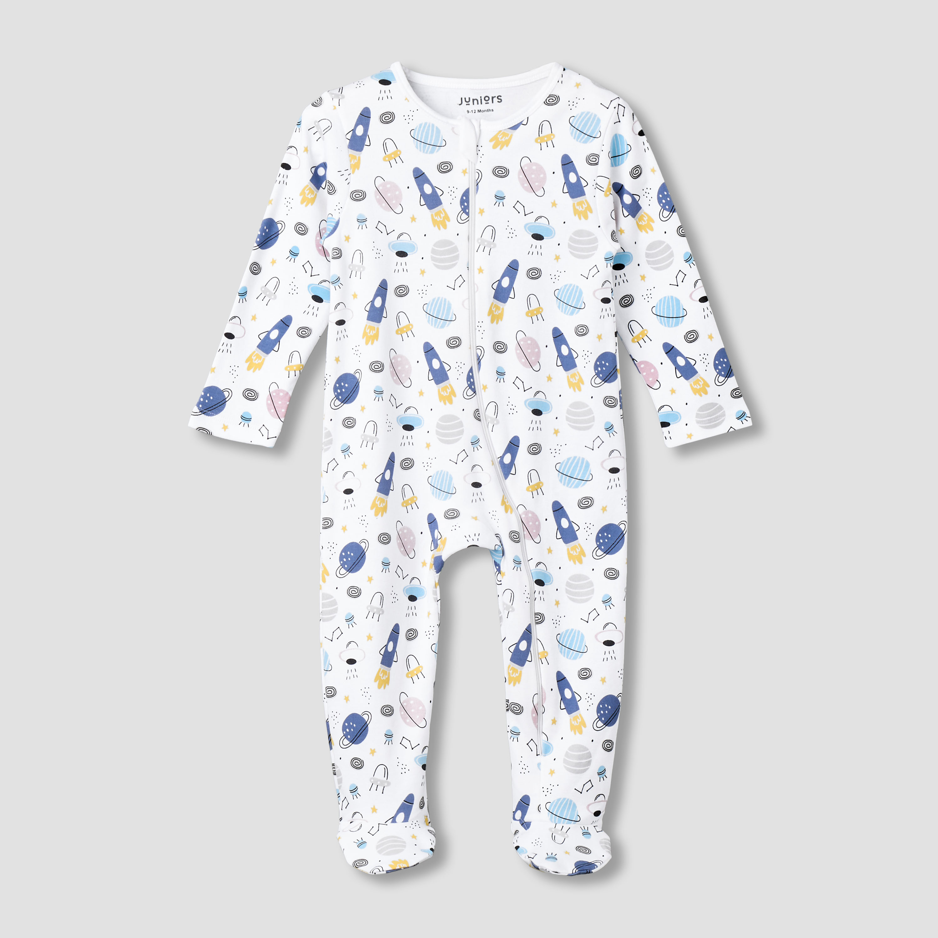 Juniors Cotton Round Neck Long Sleeves Sleepsuit with Zip Closure-baby-boys-clothing-nightwear-sleepsuits-image-1