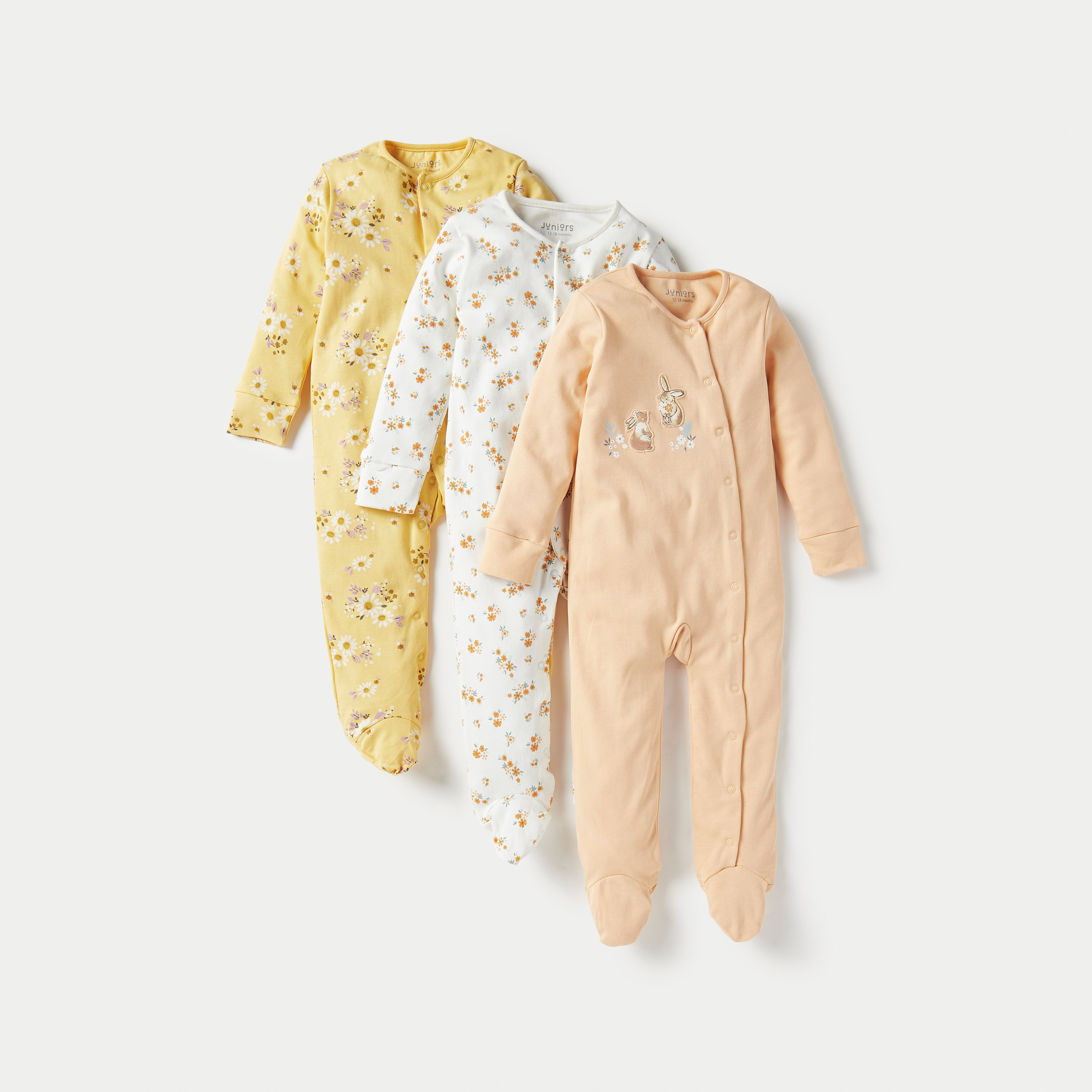 بدلات نوم بأقدام مغلقة وطبعات من جونيورز - طقم 3 قطع-baby-girls-clothing-nightwear-sleepsuits-image-1