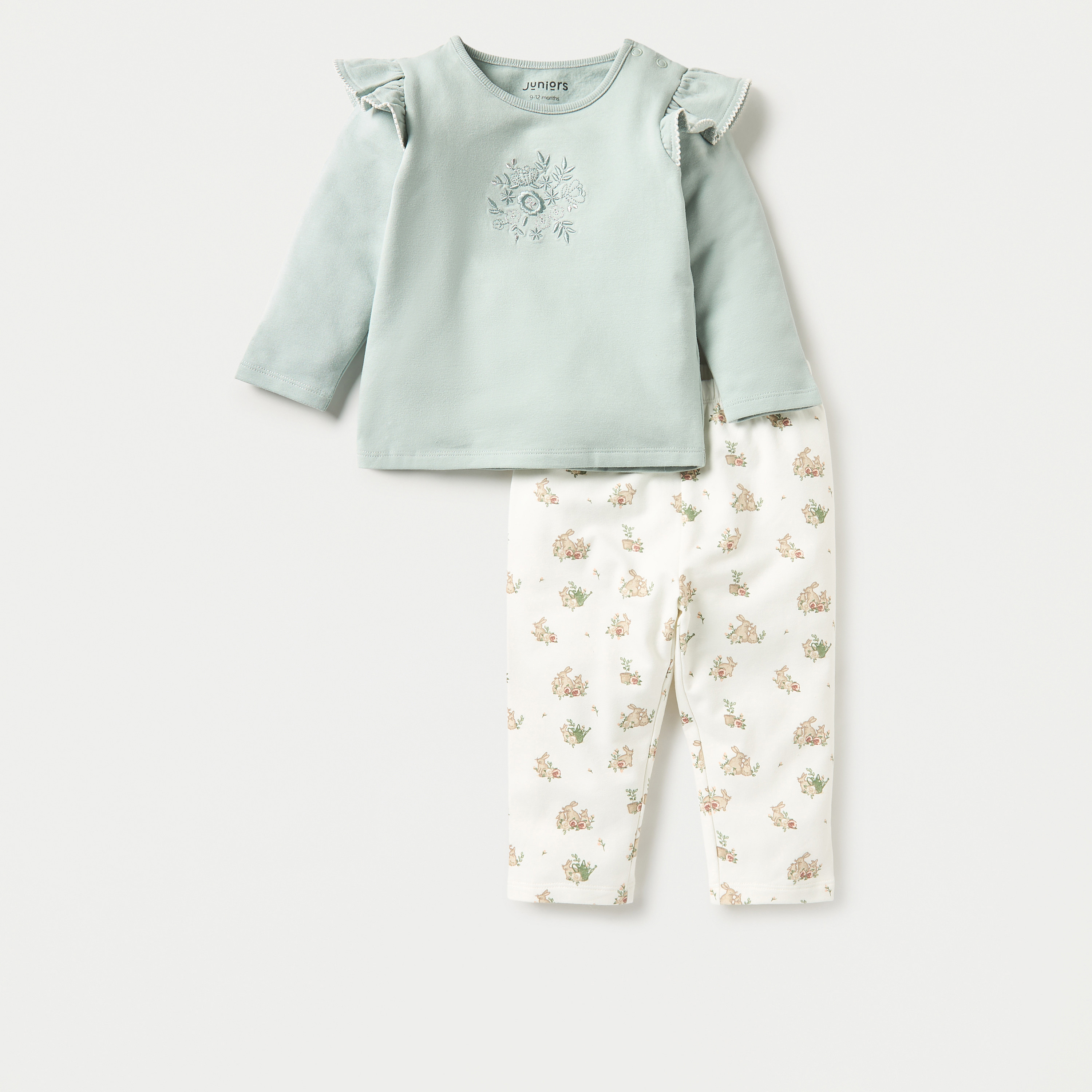 Juniors Embroidered Top and Bunny Print Pyjama Set-bsclothing-babygirls-nightwear-pyjamasets-image-1
