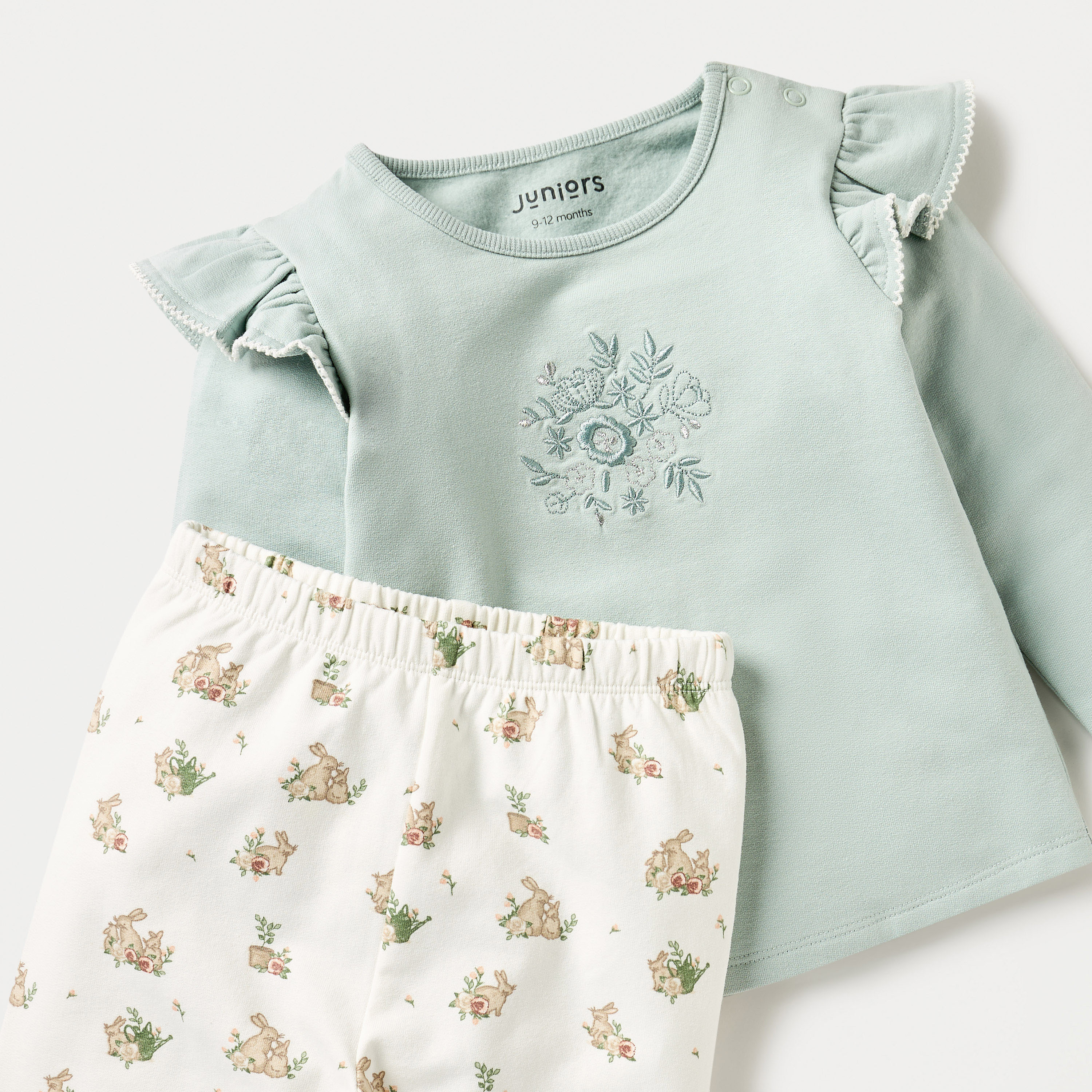 Juniors Embroidered Top and Bunny Print Pyjama Set-bsclothing-babygirls-nightwear-pyjamasets-image-4