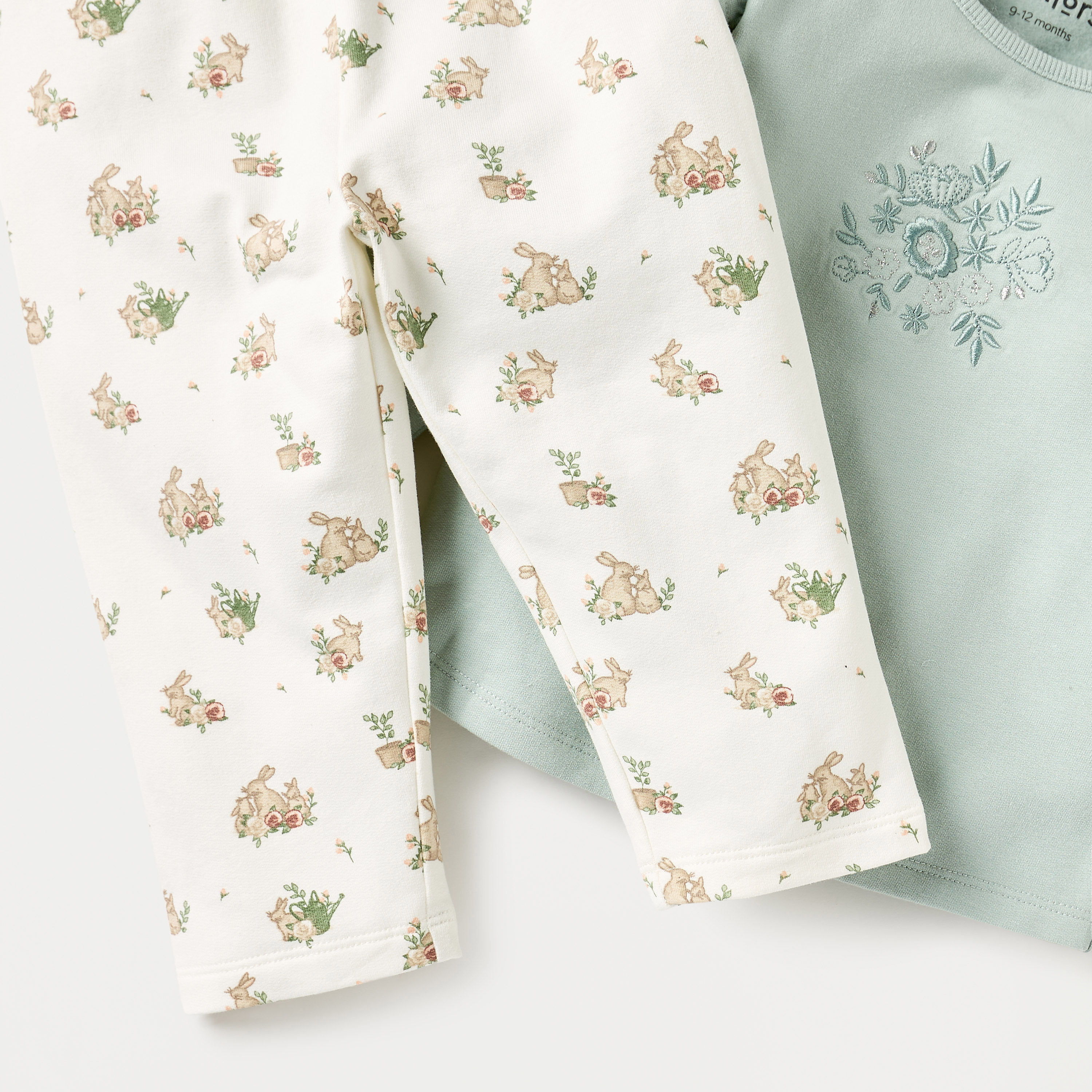 Juniors Embroidered Top and Bunny Print Pyjama Set-bsclothing-babygirls-nightwear-pyjamasets-image-5