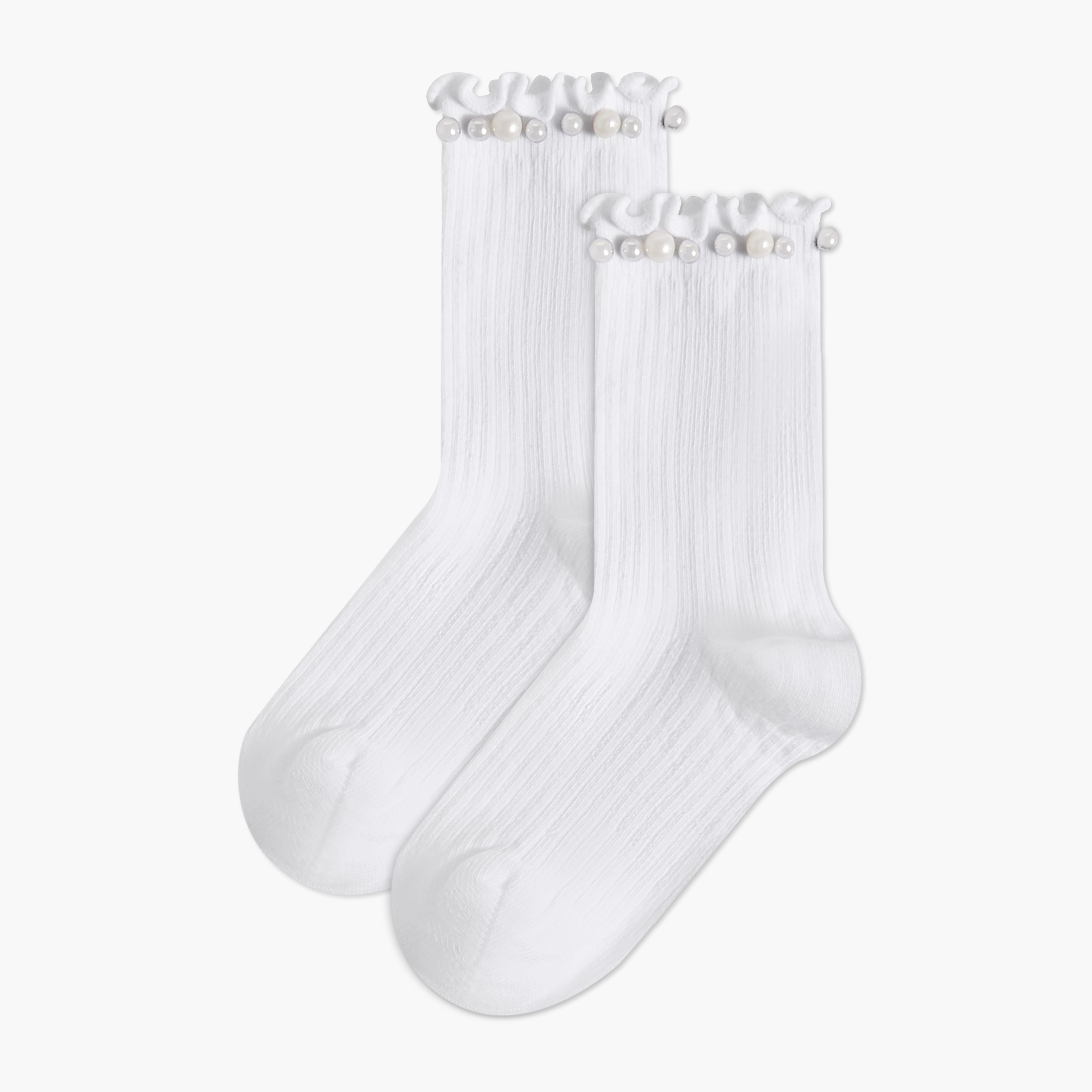 Pack of 2 Celeste Girls Socks Crew Length Pearl Embellished Design-girls-accessories-socks-image-1