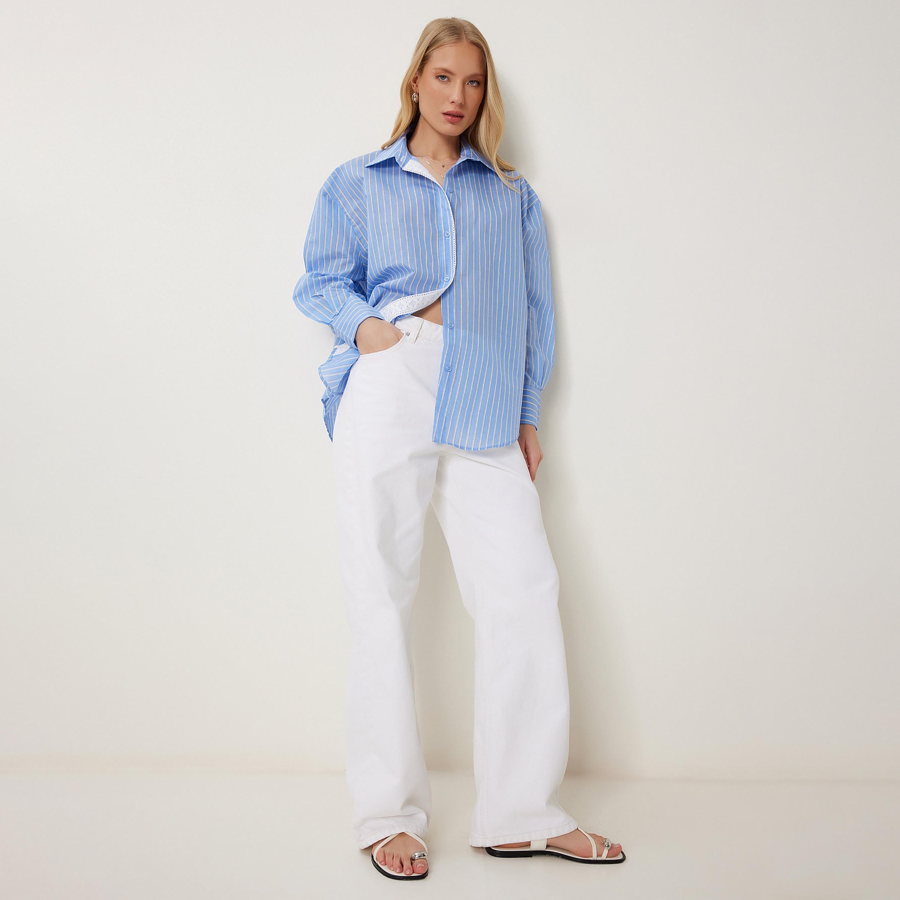 Happiness Istanbul Blue Striped Spread Collar Drop Shoulder Sleeves Women's Shirt-women-clothing-shirtsandblouses-shirts-image-2