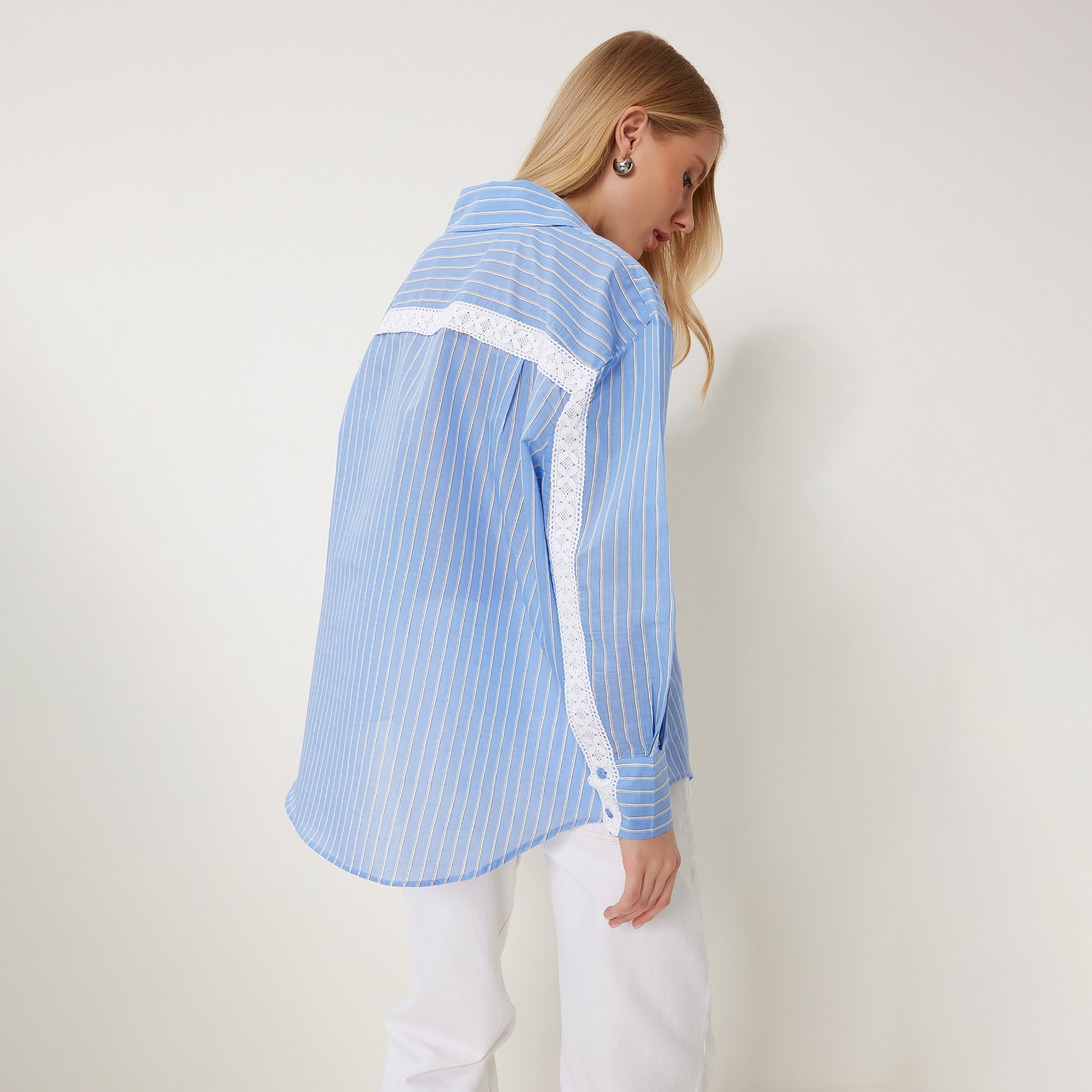 Happiness Istanbul Blue Striped Spread Collar Drop Shoulder Sleeves Women's Shirt-women-clothing-shirtsandblouses-shirts-image-3