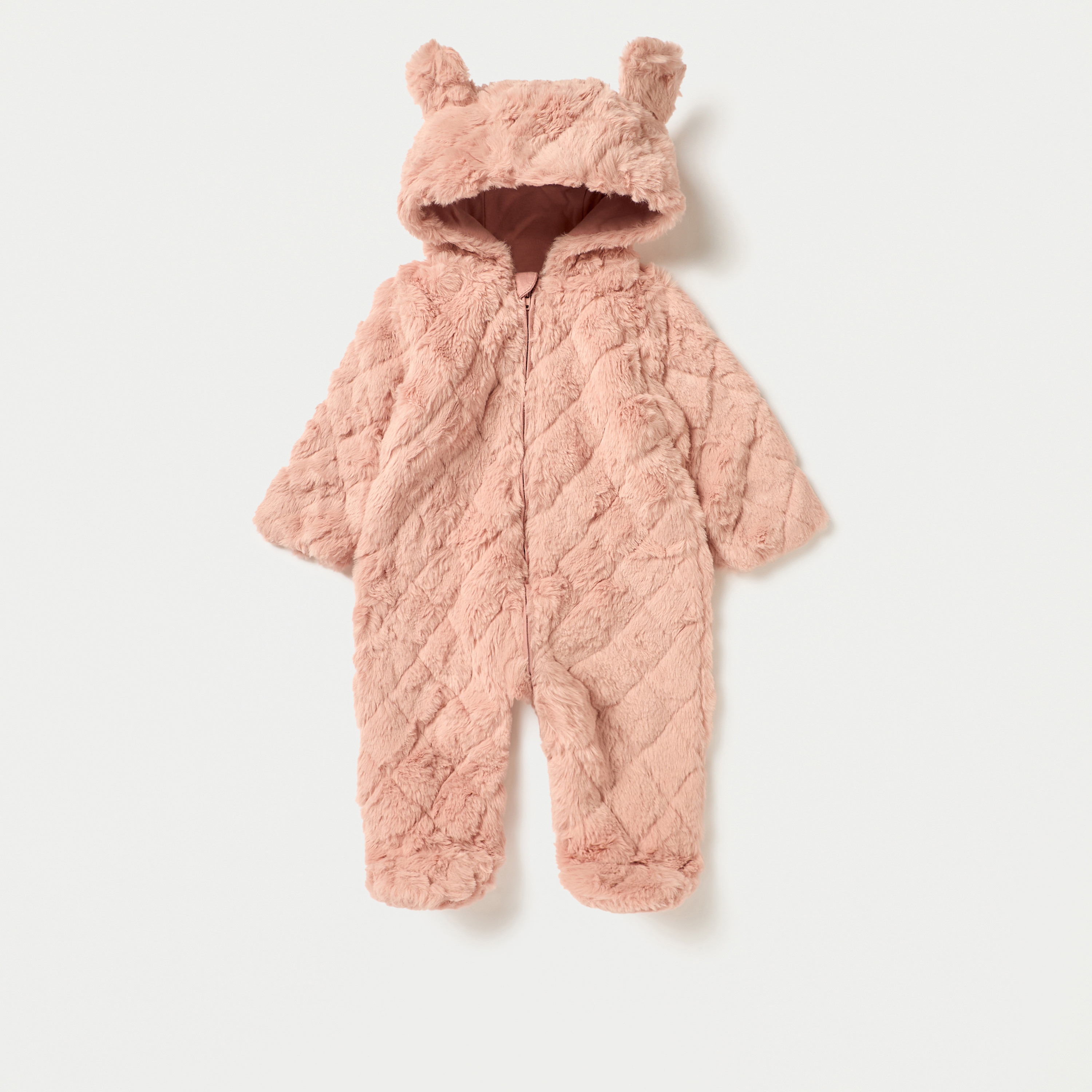 Juniors Faux Fur Textured Hooded Sleepsuit with Applique Detail and Zip Closure-baby-girls-clothing-nightwear-sleepsuits-image-1