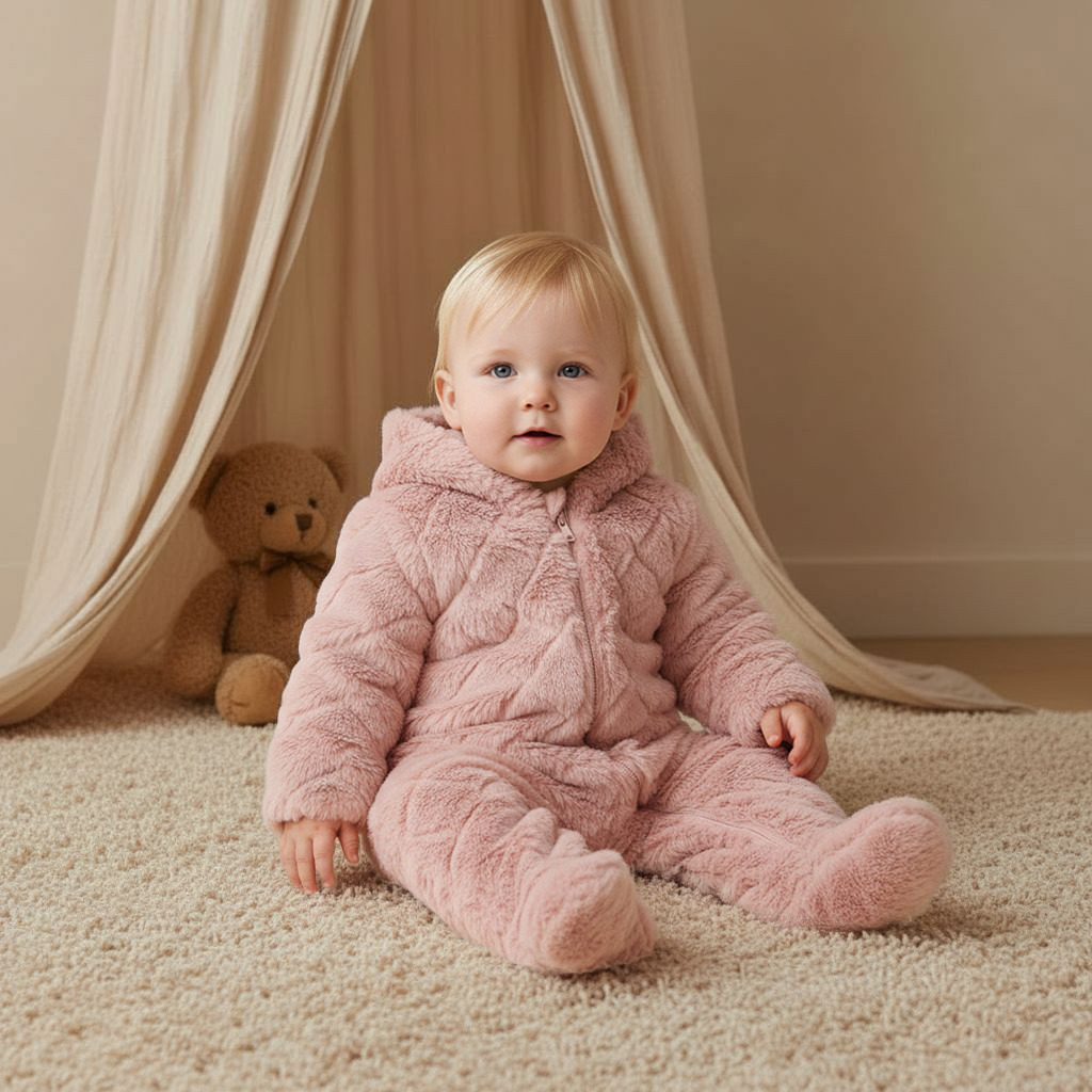 Juniors Faux Fur Textured Hooded Sleepsuit with Applique Detail and Zip Closure-baby-girls-clothing-nightwear-sleepsuits-image-5