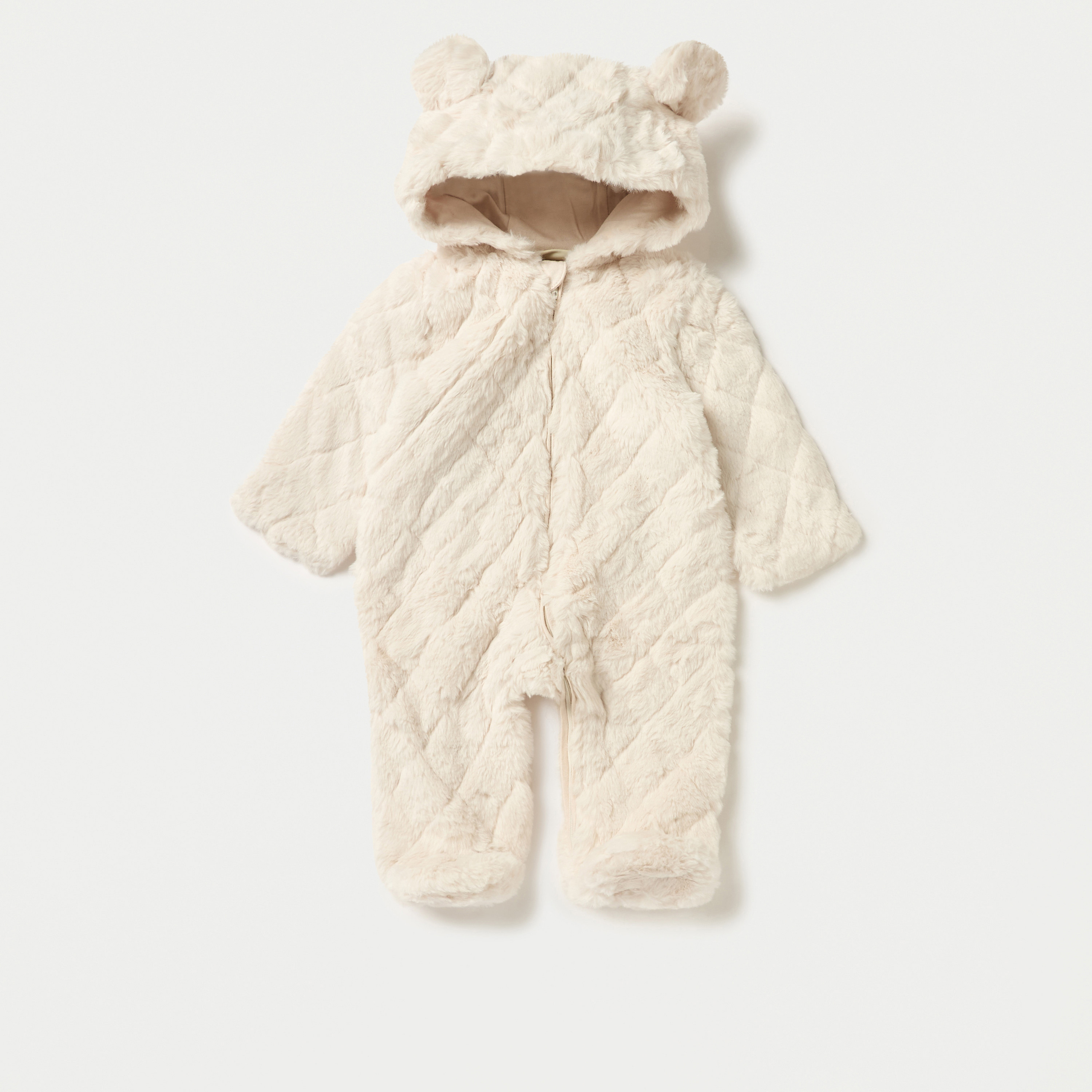 Juniors Faux Fur Textured Hooded Sleepsuit with Zip Closure-baby-girls-clothing-nightwear-sleepsuits-image-1