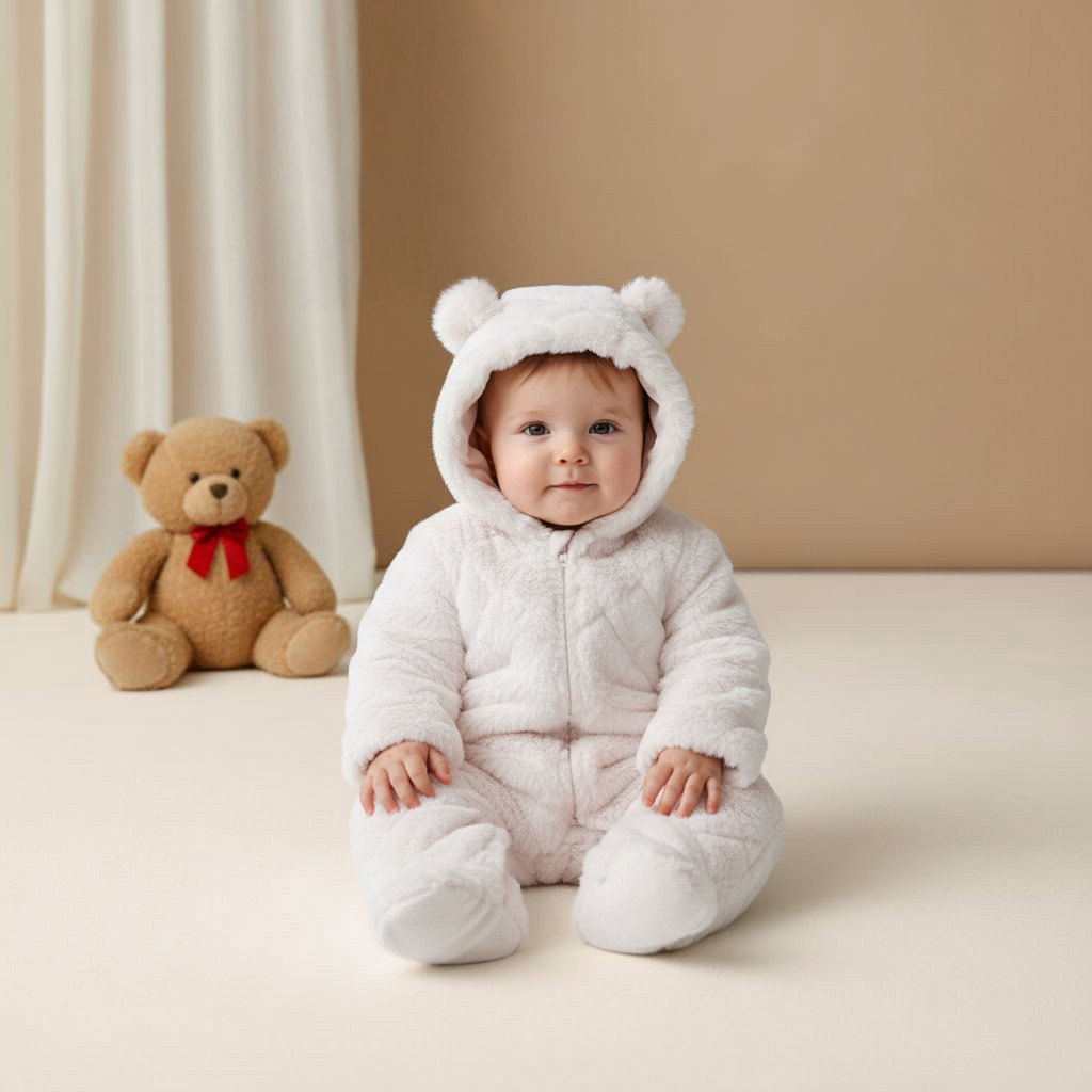 Juniors Faux Fur Textured Hooded Sleepsuit with Zip Closure-baby-girls-clothing-nightwear-sleepsuits-image-5