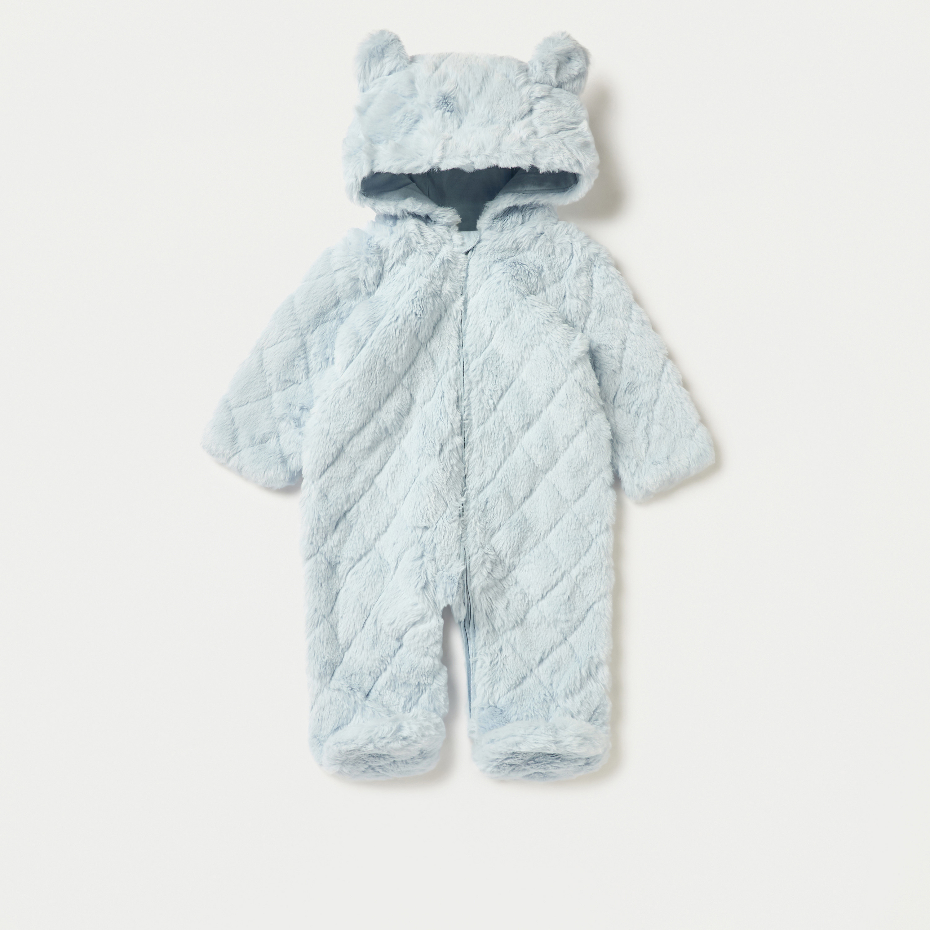 Juniors Faux Fur Textured Hooded Sleepsuit with Applique Detail and Zip Closure-baby-boys-clothing-nightwear-sleepsuits-image-1