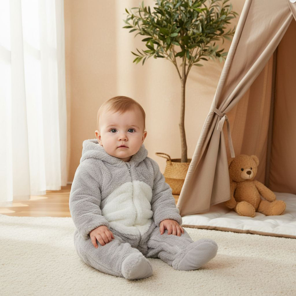 Juniors Faux Fur Textured Hooded Sleepsuit with Zip Closure-baby-boys-clothing-winterwear-sleepsuits-image-5