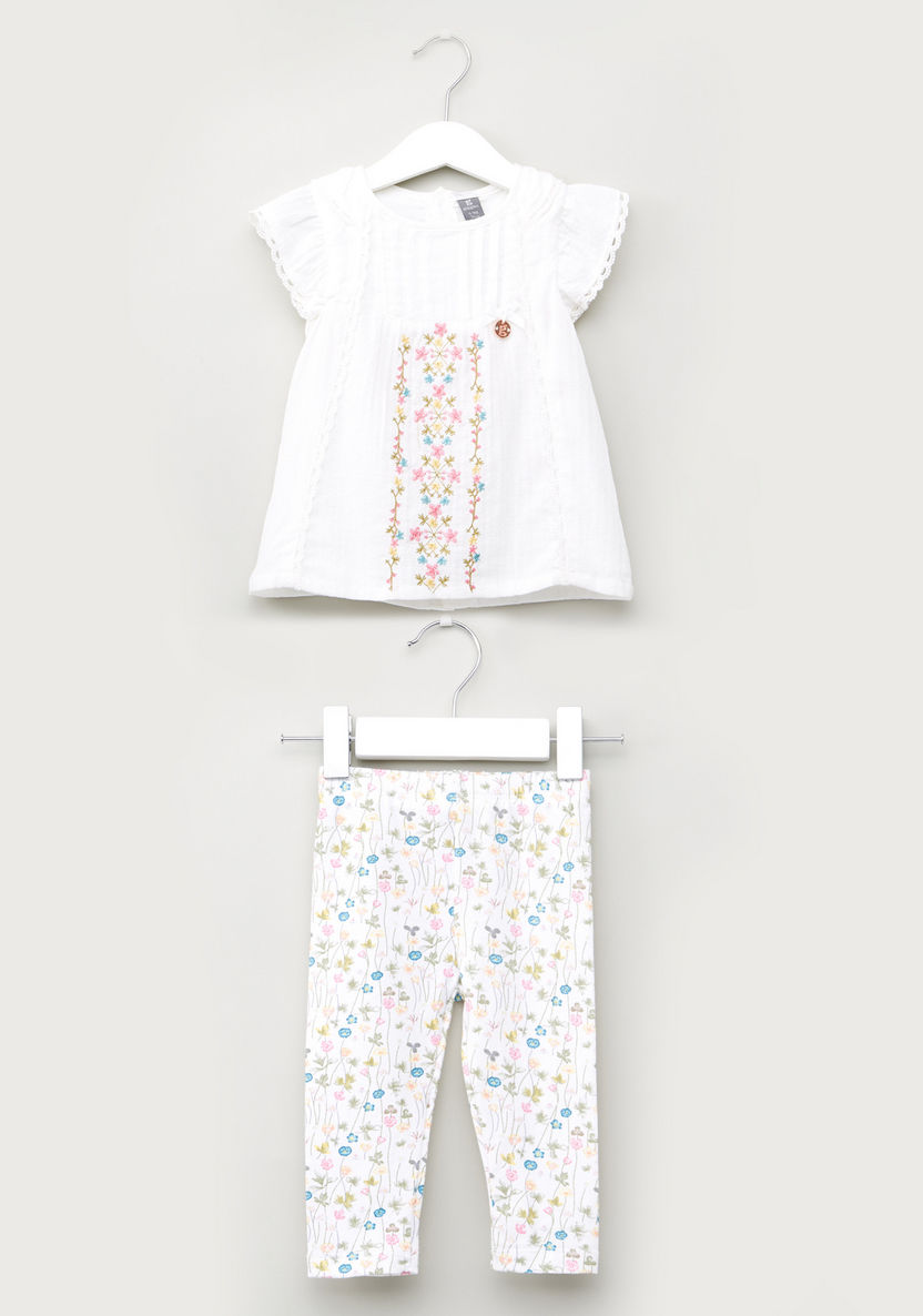 Giggles Embroidered Top with Printed Leggings-Clothes Sets-image-0