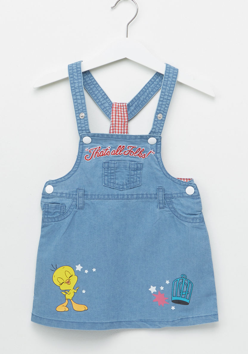 Tweety Printed Denim Dungarees-Rompers%2C Dungarees and Jumpsuits-image-0