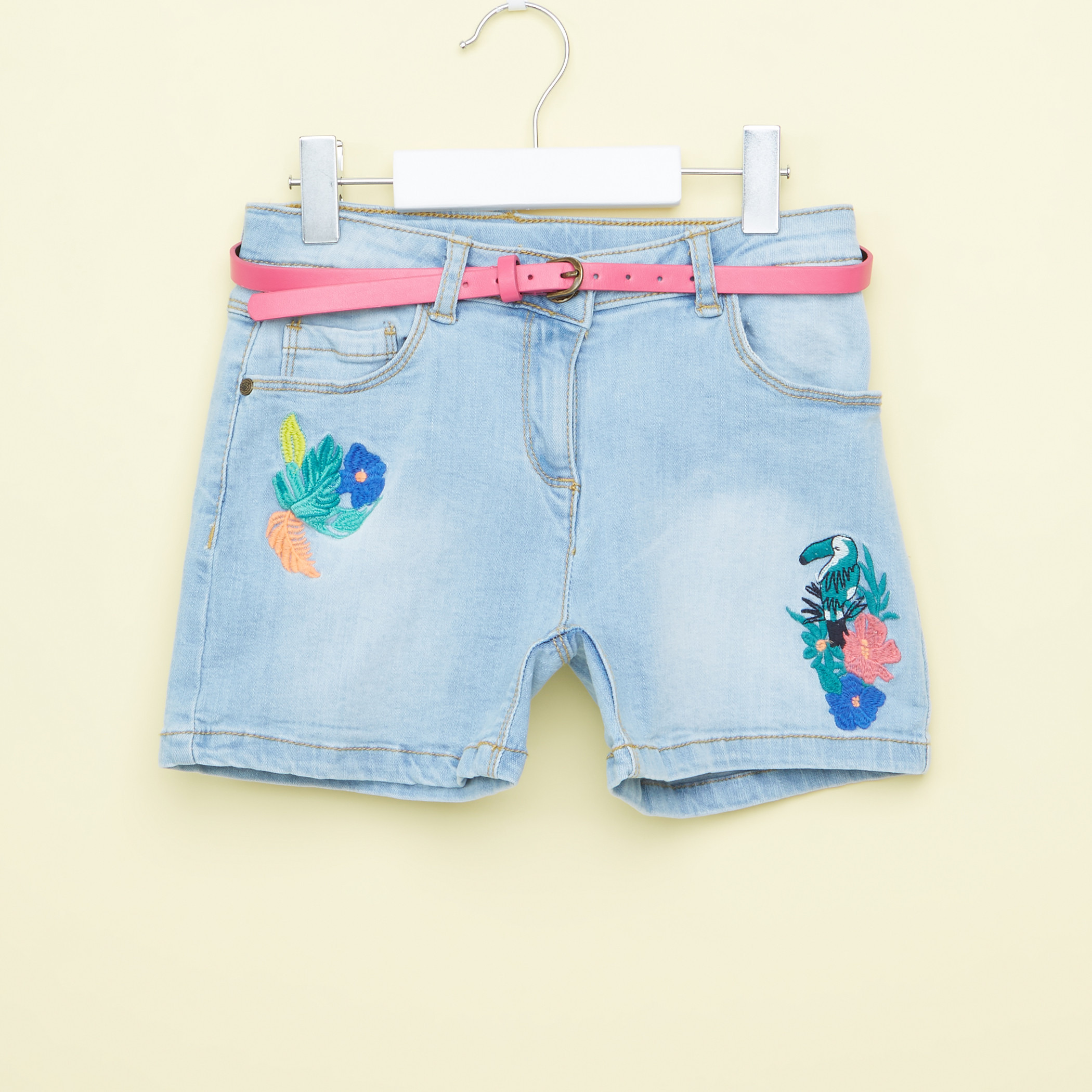 Juniors Embroidered Denim Shorts with Pocket Detail and Belt-girls-clothing-bottoms-shorts-image-1