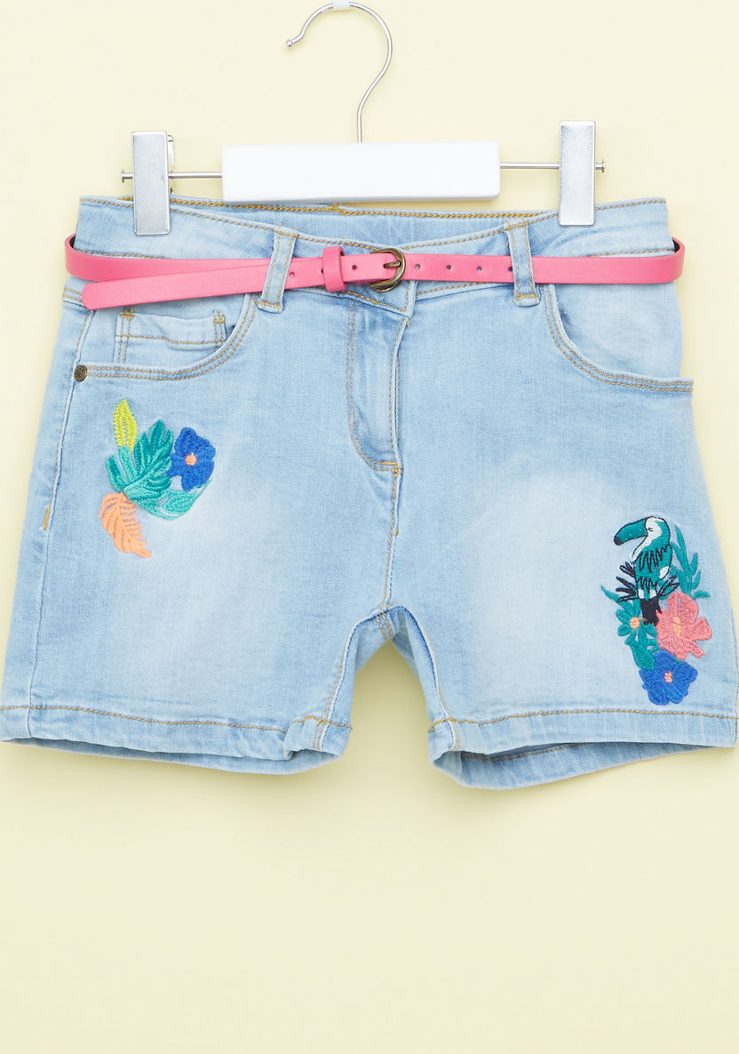 Juniors Embroidered Denim Shorts with Pocket Detail and Belt-Shorts-image-0