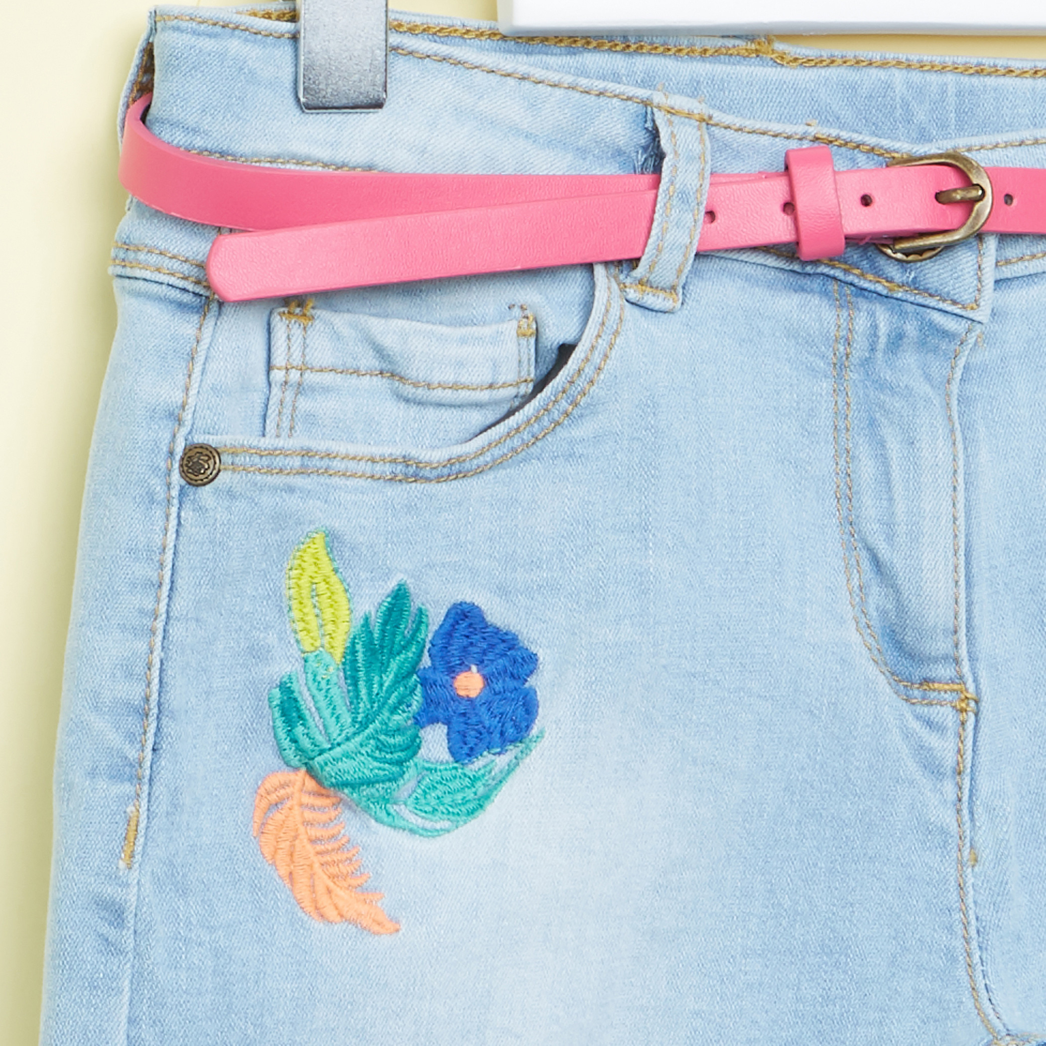 Juniors Embroidered Denim Shorts with Pocket Detail and Belt-girls-clothing-bottoms-shorts-image-2