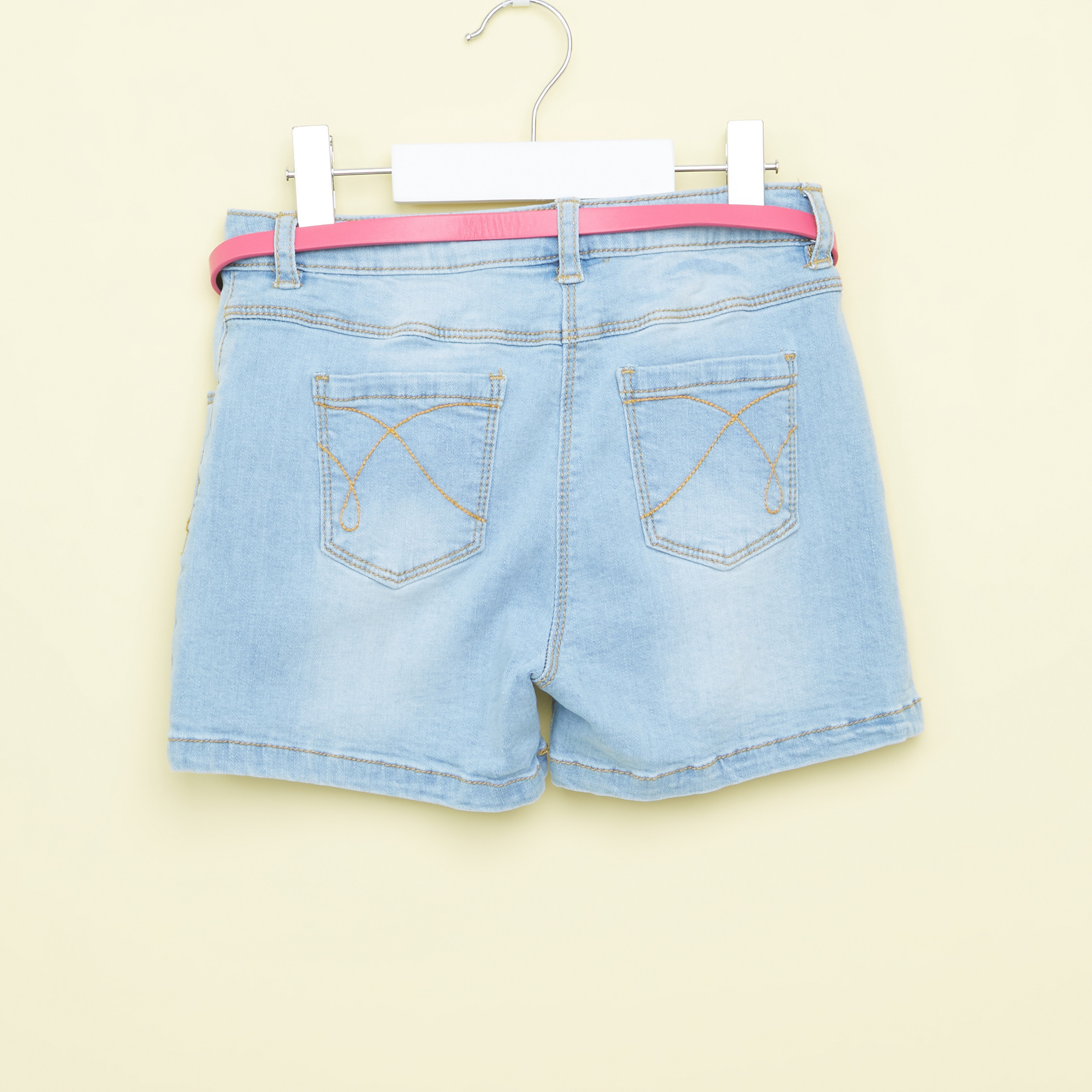 Juniors Embroidered Denim Shorts with Pocket Detail and Belt-girls-clothing-bottoms-shorts-image-3