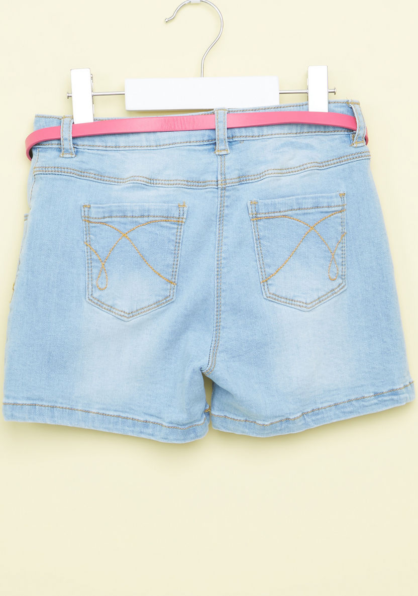 Juniors Embroidered Denim Shorts with Pocket Detail and Belt-Shorts-image-2