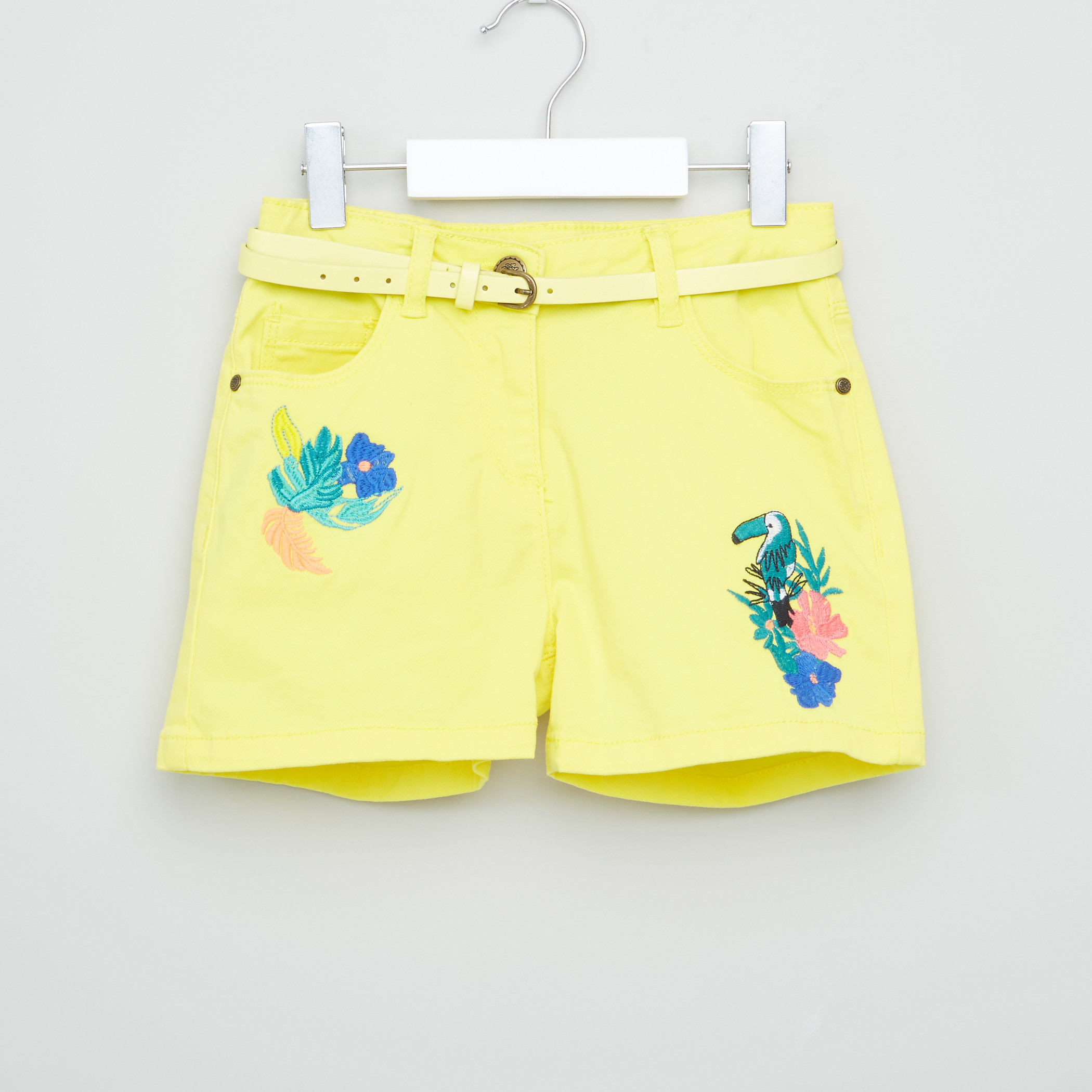 Juniors Embroidered Denim Shorts with Pocket Detail and Belt-girls-clothing-bottoms-shorts-image-1