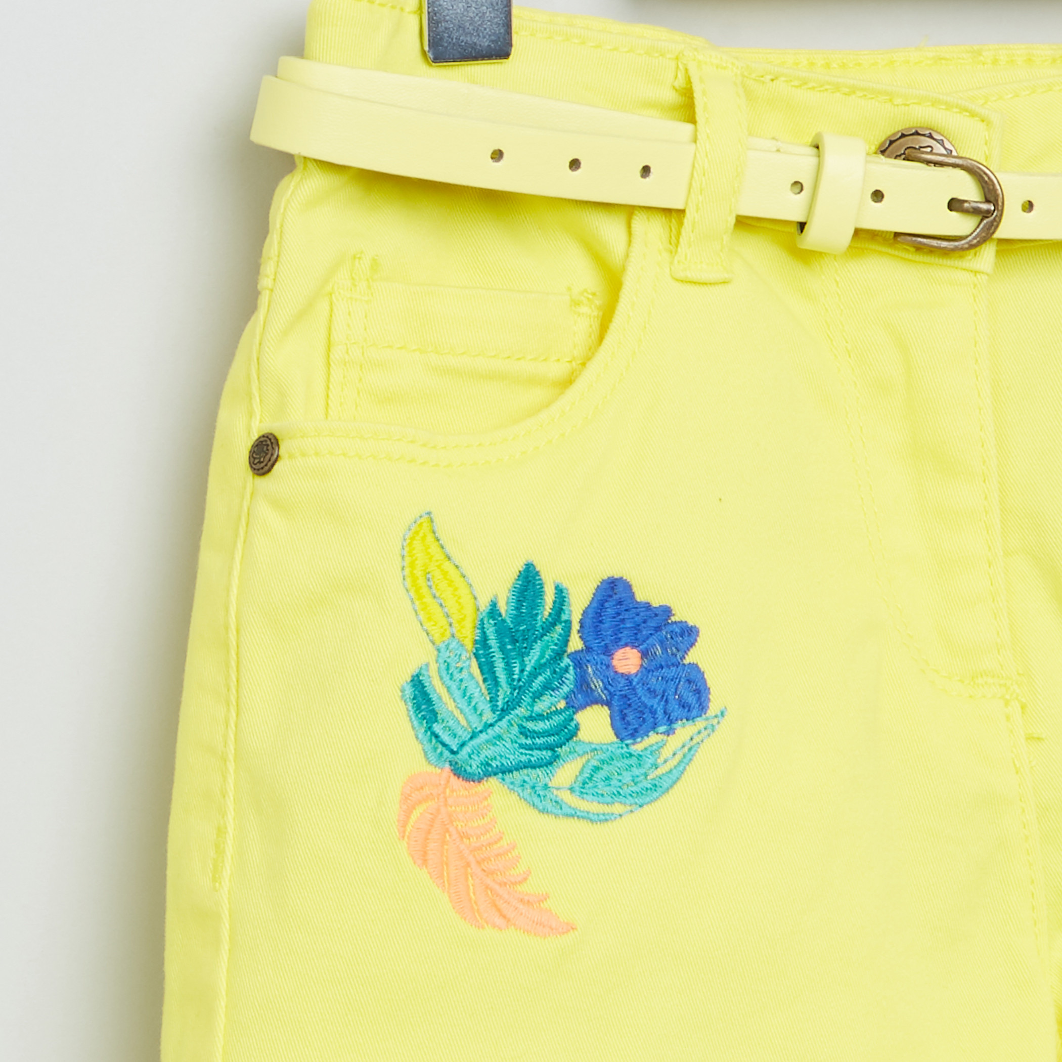 Juniors Embroidered Denim Shorts with Pocket Detail and Belt-girls-clothing-bottoms-shorts-image-2