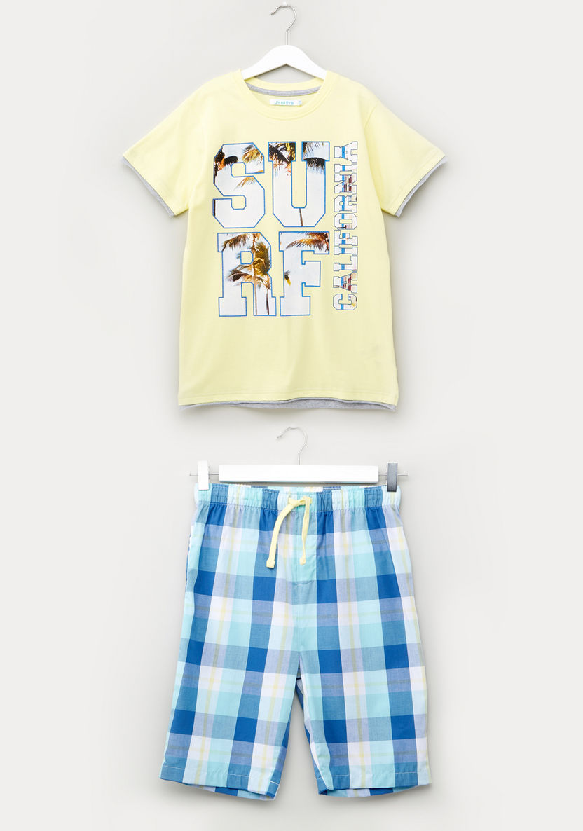 Juniors Printed T-shirt with Chequered Shorts-Nightwear-image-0