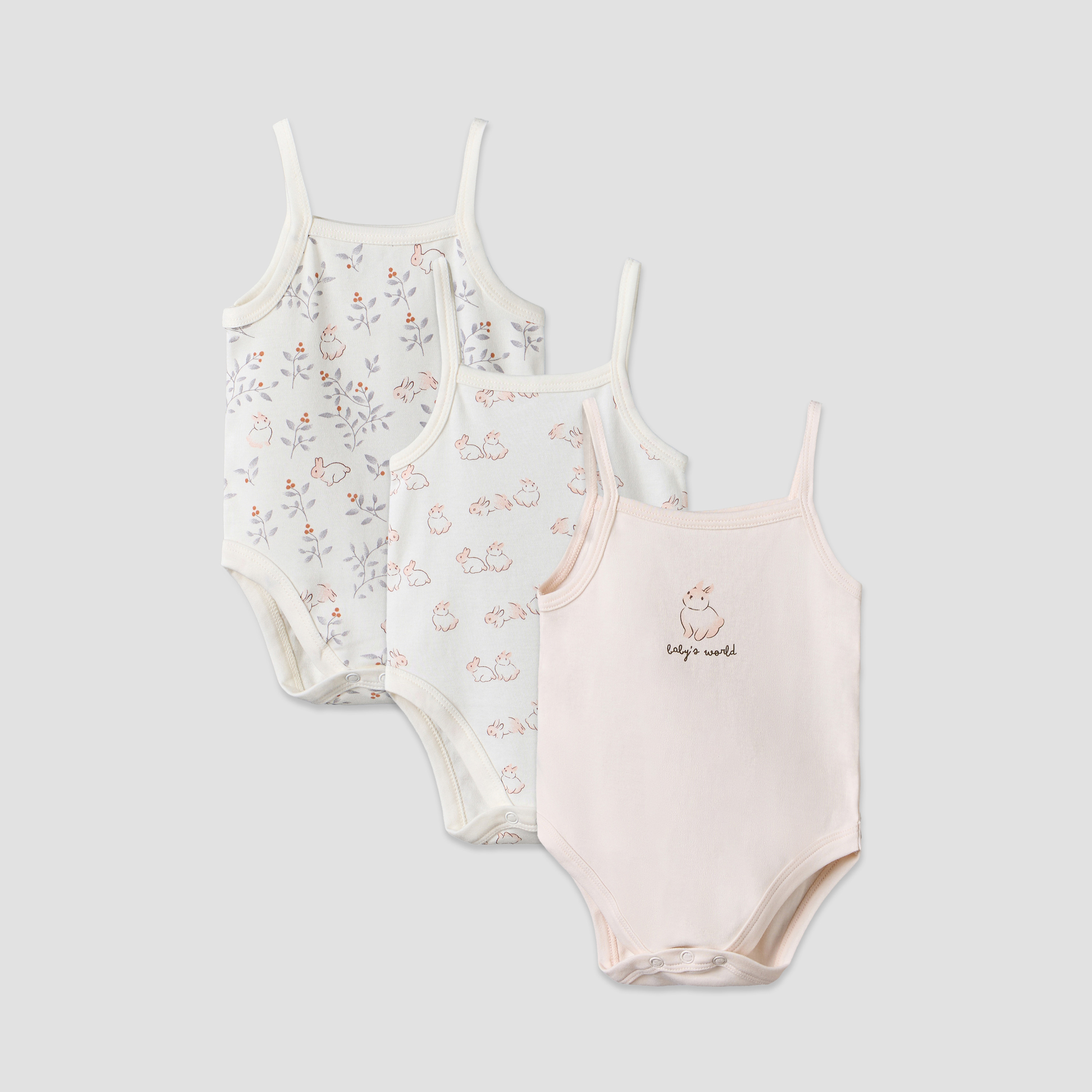 Pack of 3 Juniors Cotton Square Neck Sleeveless Bodysuit with Bunny Print-baby-girls-clothing-bodysuits-image-1