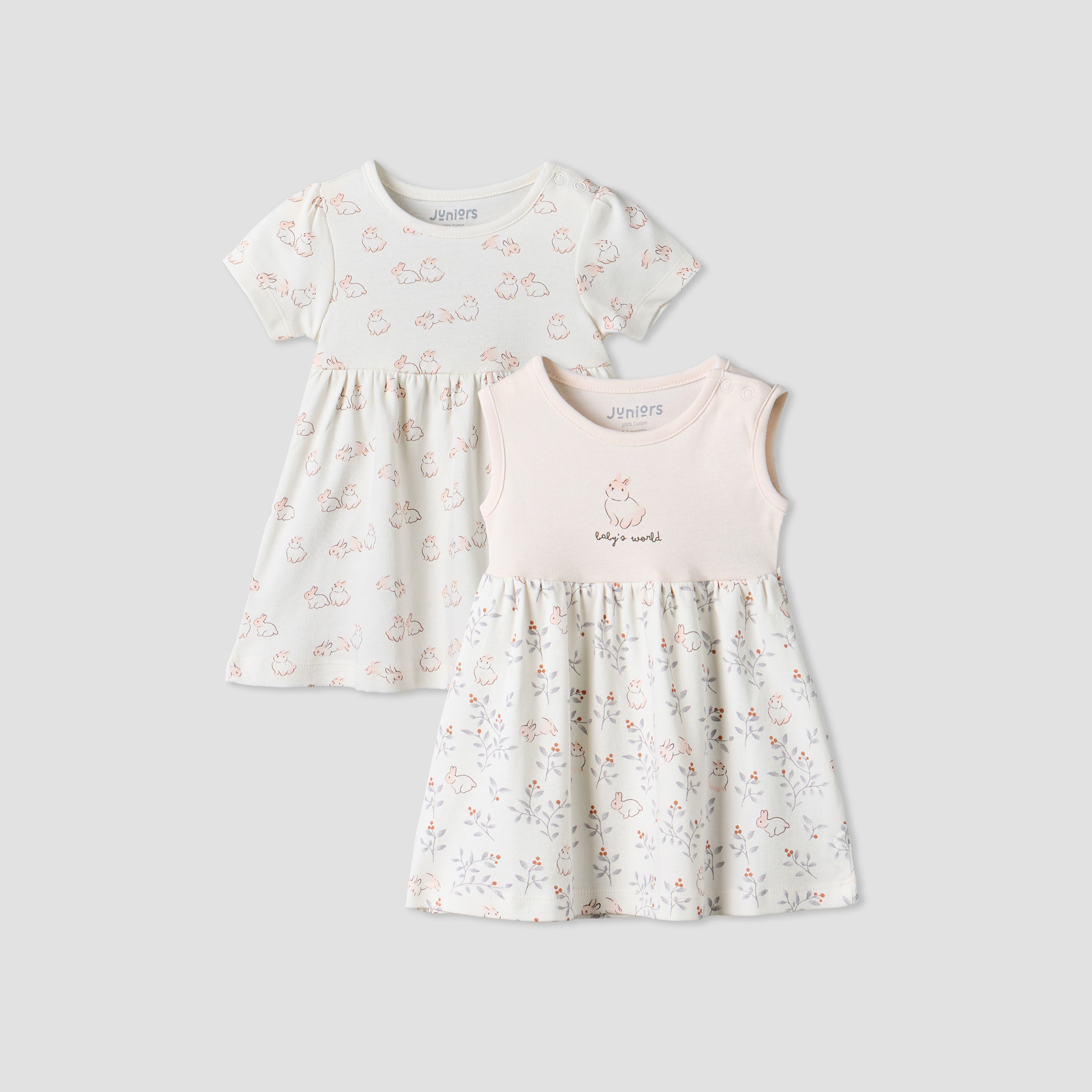 فساتين طول الركبة بطبعات أرنب وياقة مستديرة من جونيورز - عبوة من قطعتين-baby-girls-clothing-dressesandjumpsuits-image-1