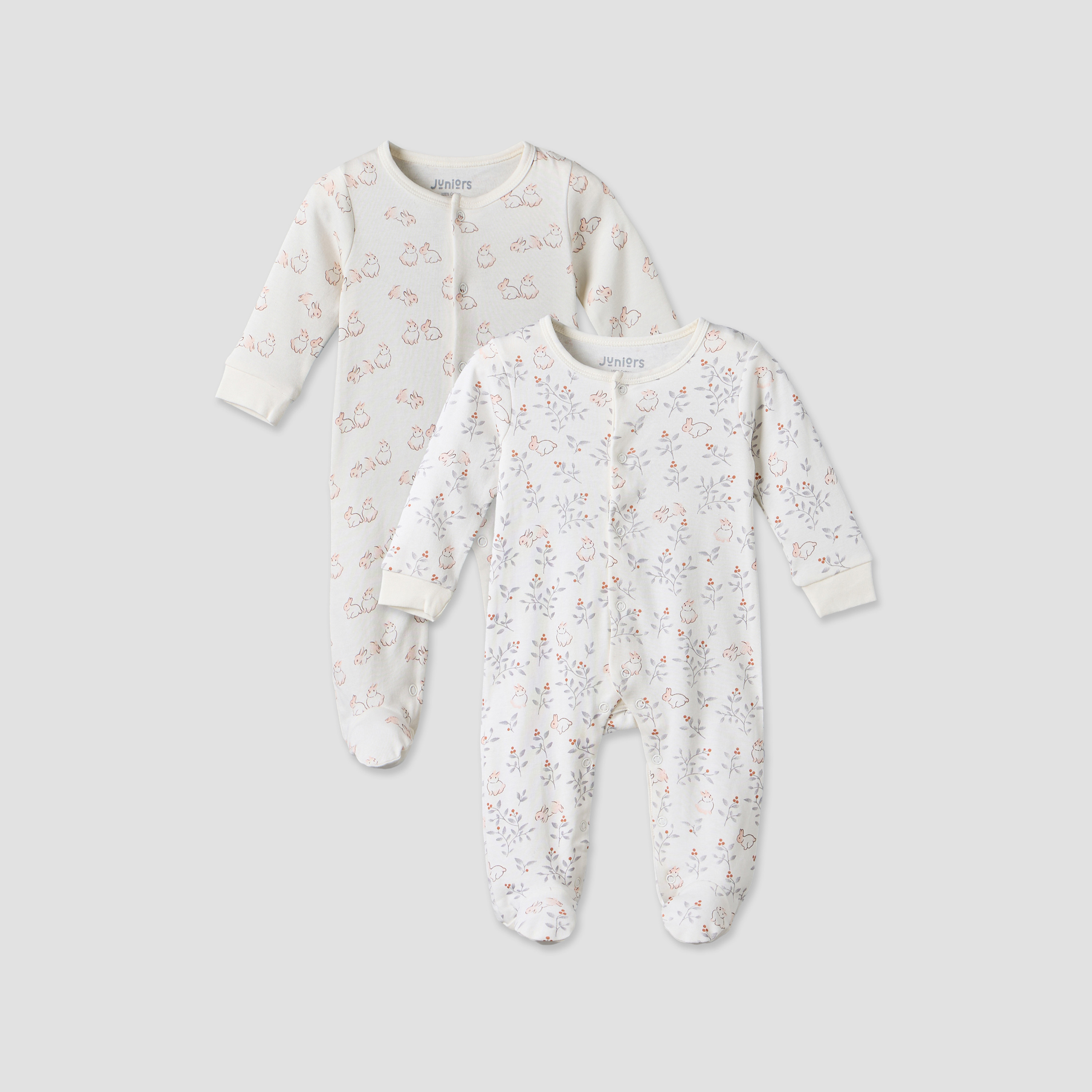 طقم بدلة نوم قطنية بياقة دائرية وأكمام طويلة بطبعة أرنب من جونيورز - قطعتين-baby-girls-clothing-nightwear-sleepsuits-image-1