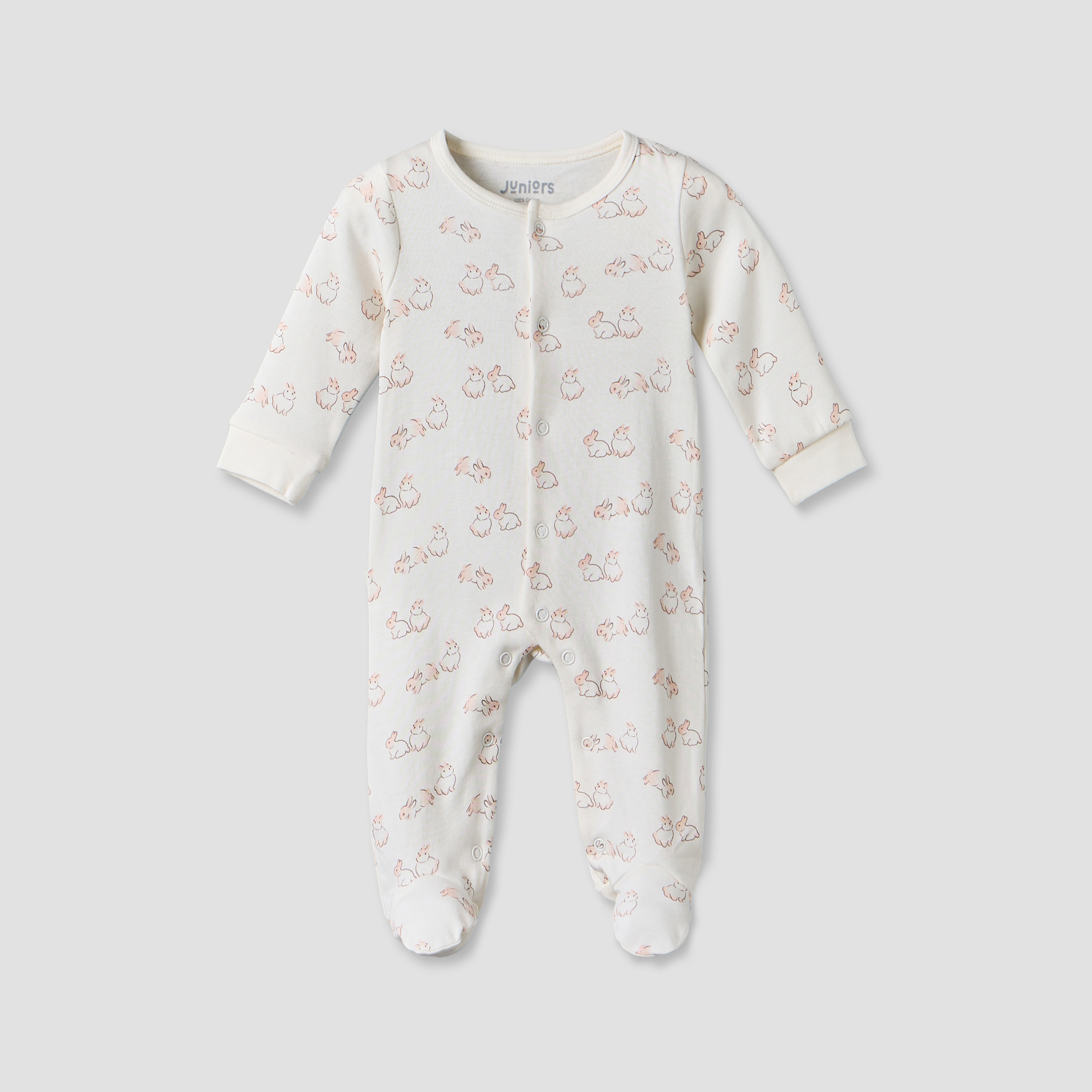 طقم بدلة نوم قطنية بياقة دائرية وأكمام طويلة بطبعة أرنب من جونيورز - قطعتين-baby-girls-clothing-nightwear-sleepsuits-image-2