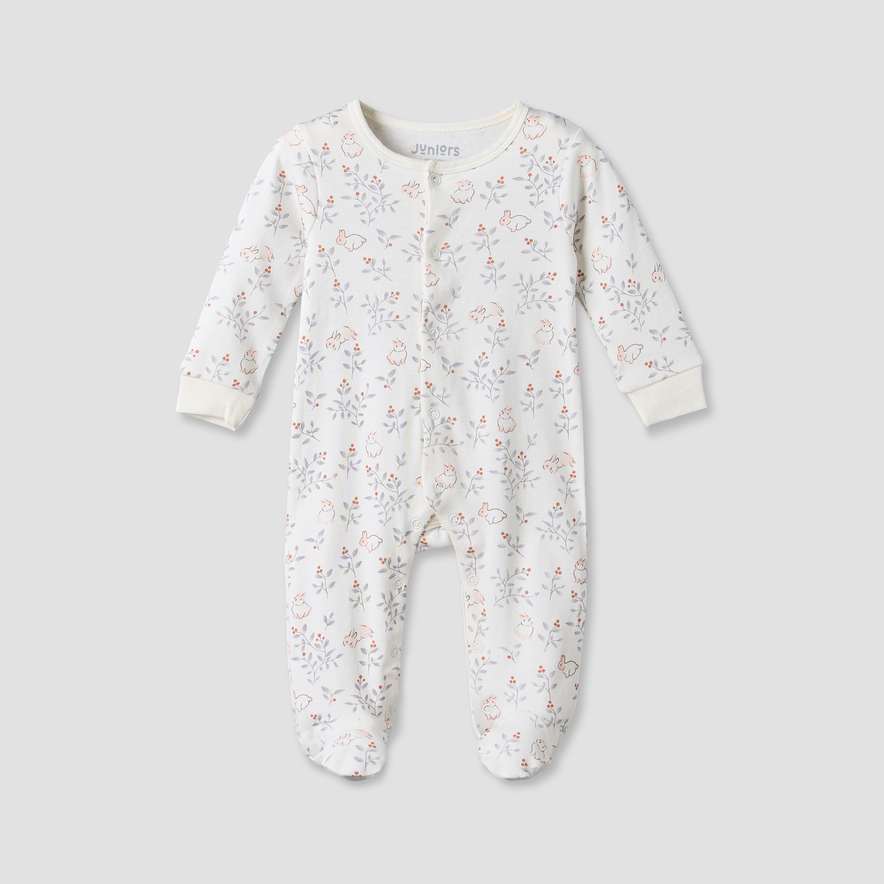 طقم بدلة نوم قطنية بياقة دائرية وأكمام طويلة بطبعة أرنب من جونيورز - قطعتين-baby-girls-clothing-nightwear-sleepsuits-image-4
