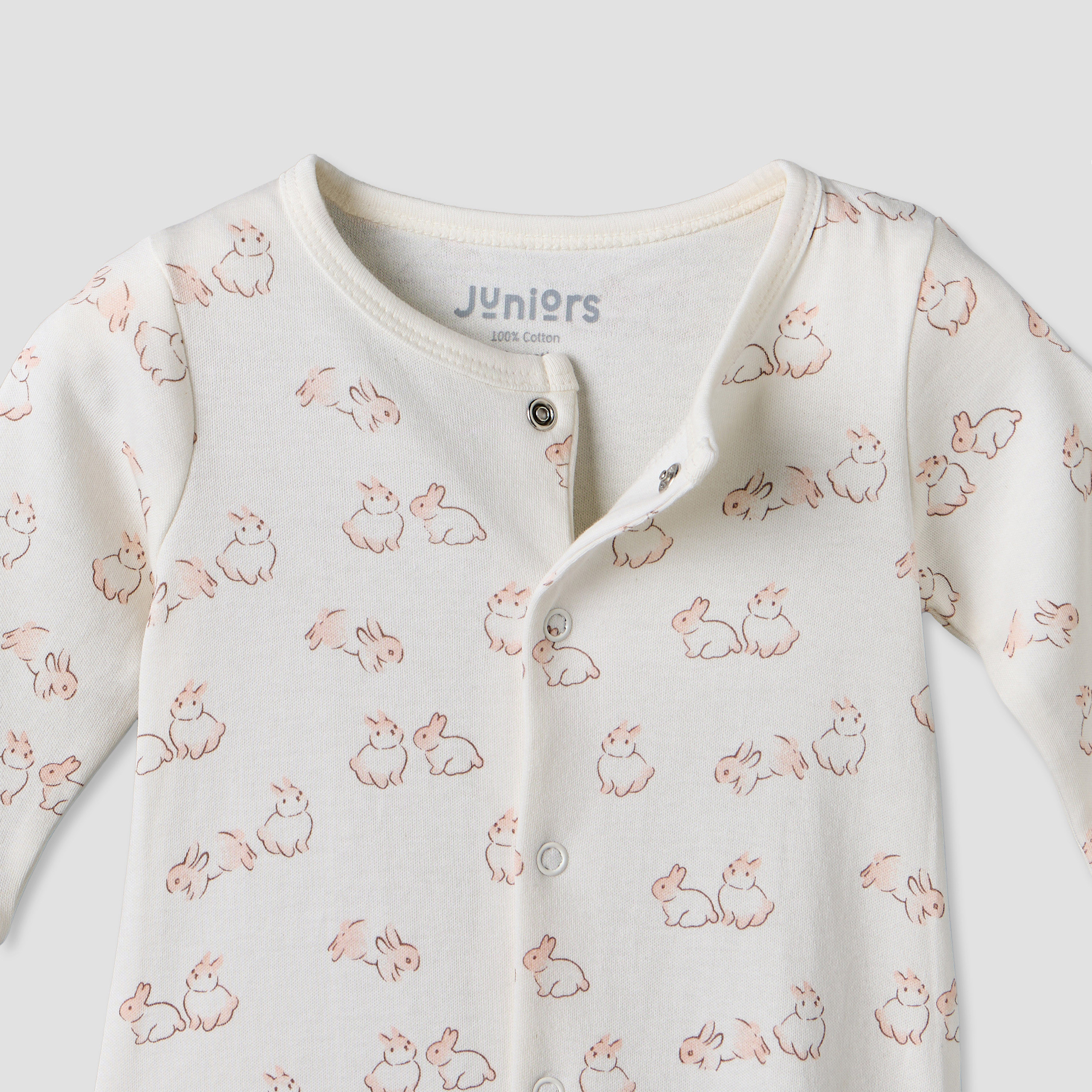 طقم بدلة نوم قطنية بياقة دائرية وأكمام طويلة بطبعة أرنب من جونيورز - قطعتين-baby-girls-clothing-nightwear-sleepsuits-image-5