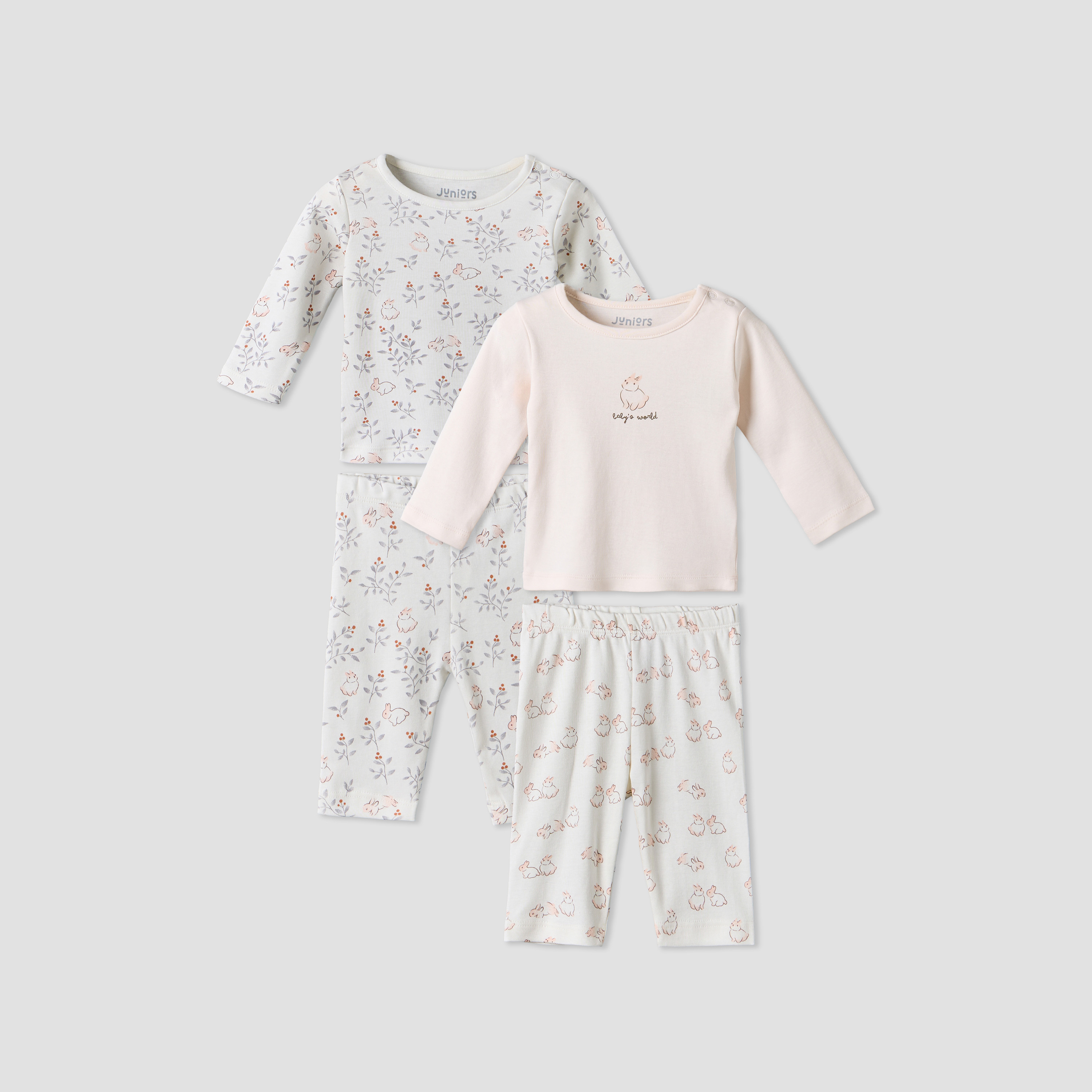 طقم بيجاما قطن بياقة مستديرة وأكمام طويلة وطبعات أرنب من جونيورز - قطعتين-baby-girls-clothing-nightwear-pyjamasets-image-1