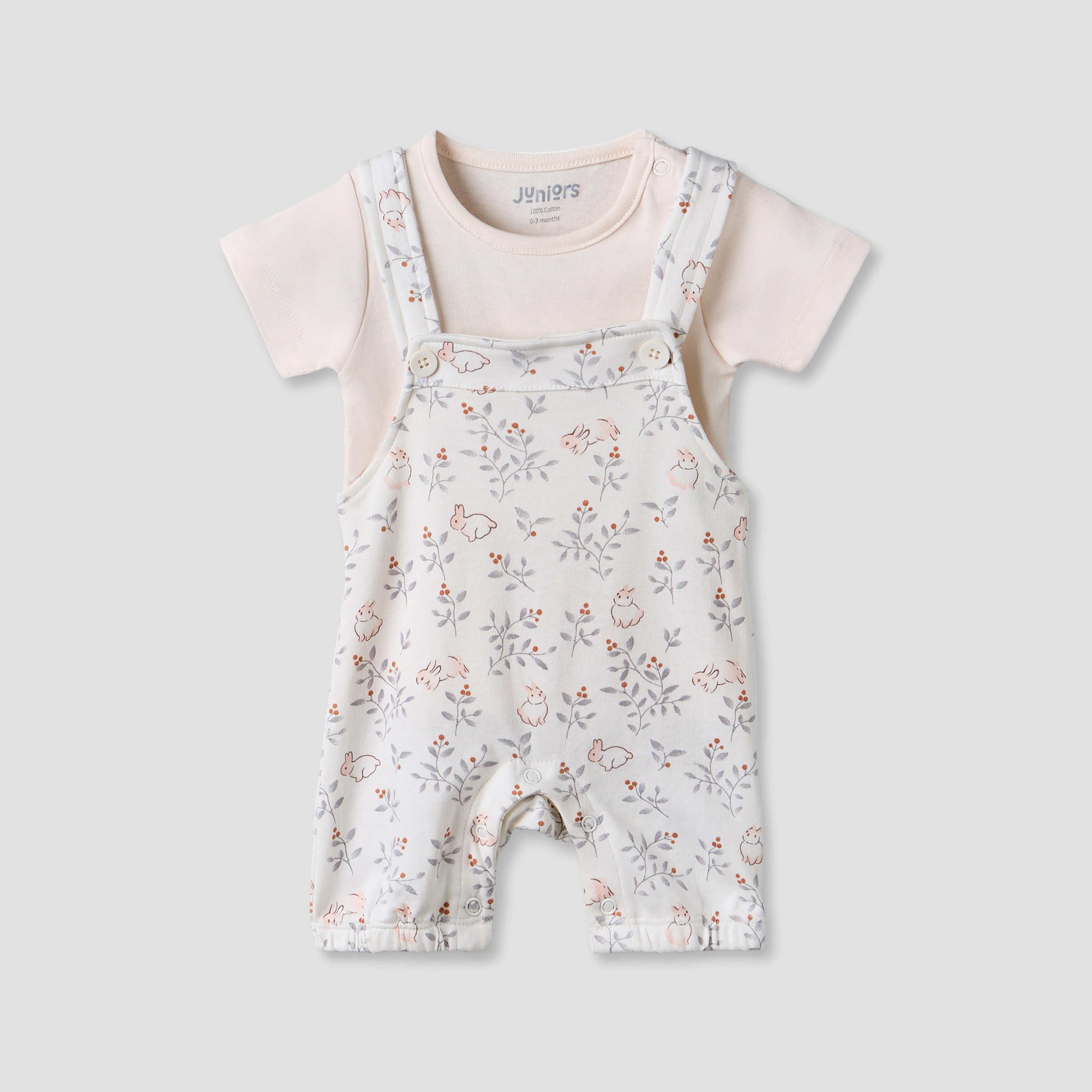 Juniors Round Neck Short Sleeves T-shirt and Dungaree Set with Bunny Print-baby-girls-clothing-setsandcoords-image-1