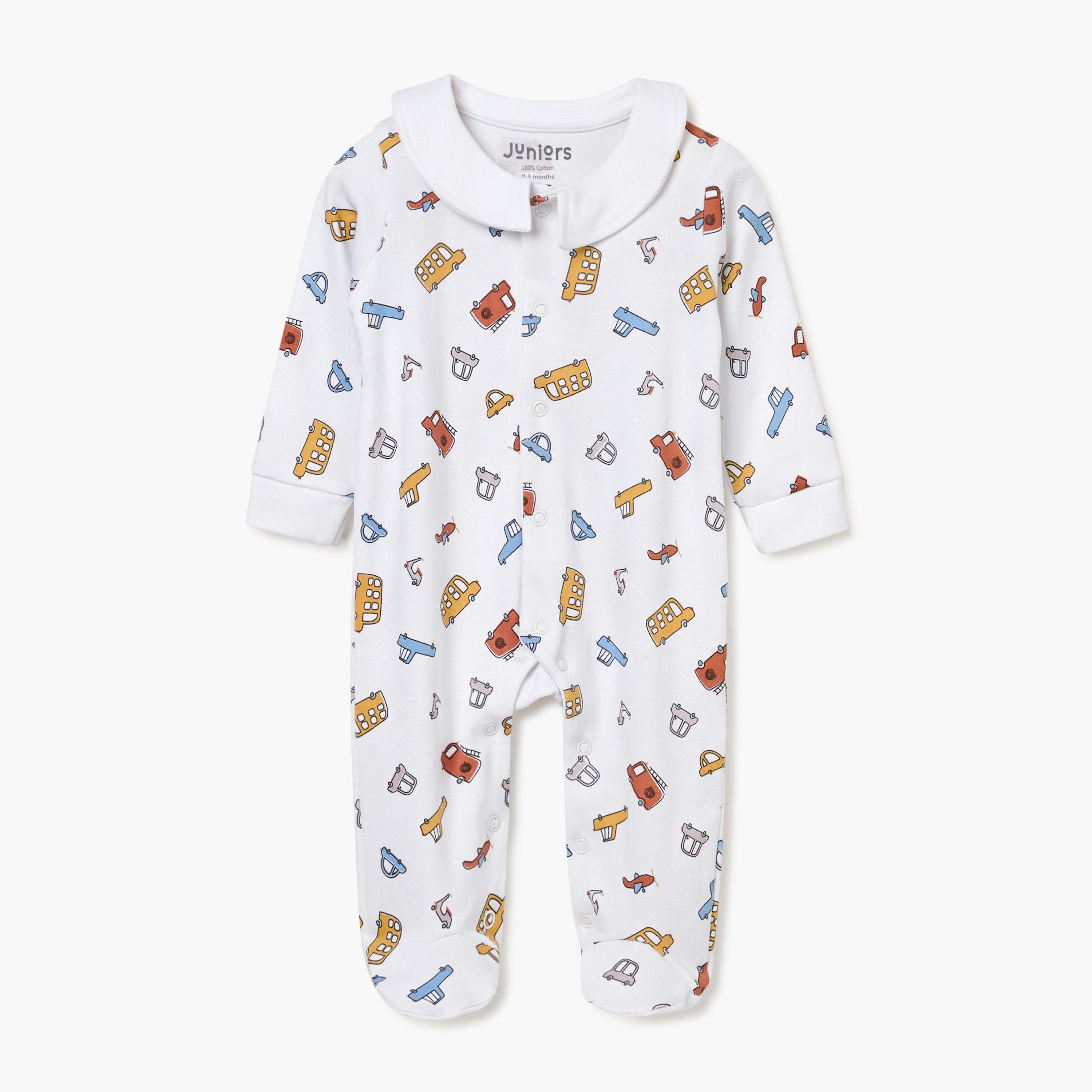 Juniors Vehicle Print Sleepsuit with Long Sleeves and Button Closure-baby-boys-clothing-nightwear-sleepsuits-image-1