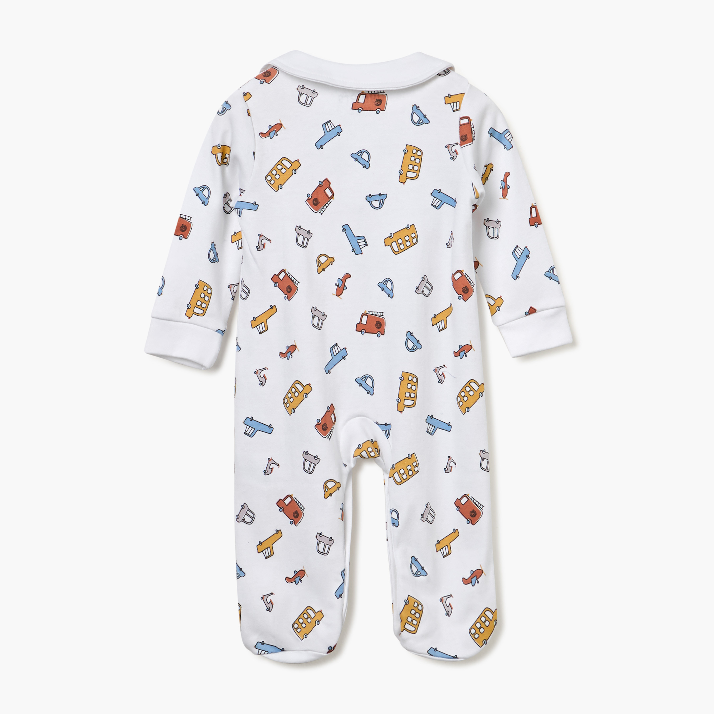 Juniors Vehicle Print Sleepsuit with Long Sleeves and Button Closure-baby-boys-clothing-nightwear-sleepsuits-image-2