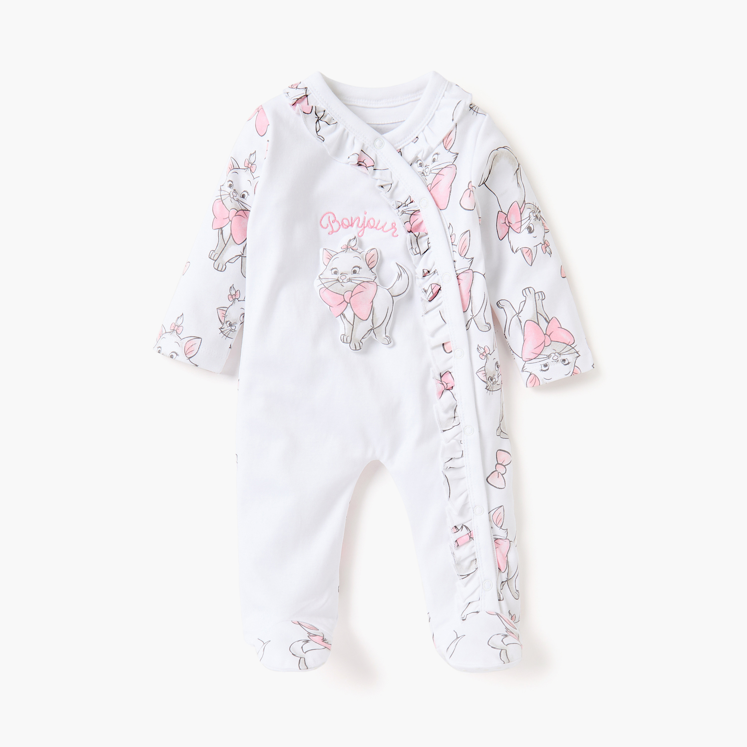 Disney Marie Cat Print Closed Feet Sleepsuit with Frill Detail and Snap Button Closure-baby-girls-clothing-nightwear-sleepsuits-image-1