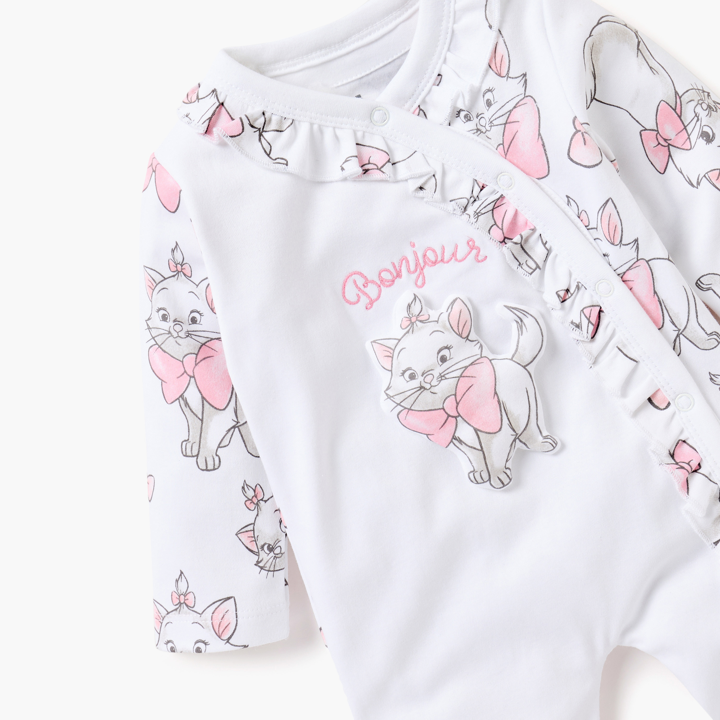 Disney Marie Cat Print Closed Feet Sleepsuit with Frill Detail and Snap Button Closure-baby-girls-clothing-nightwear-sleepsuits-image-3