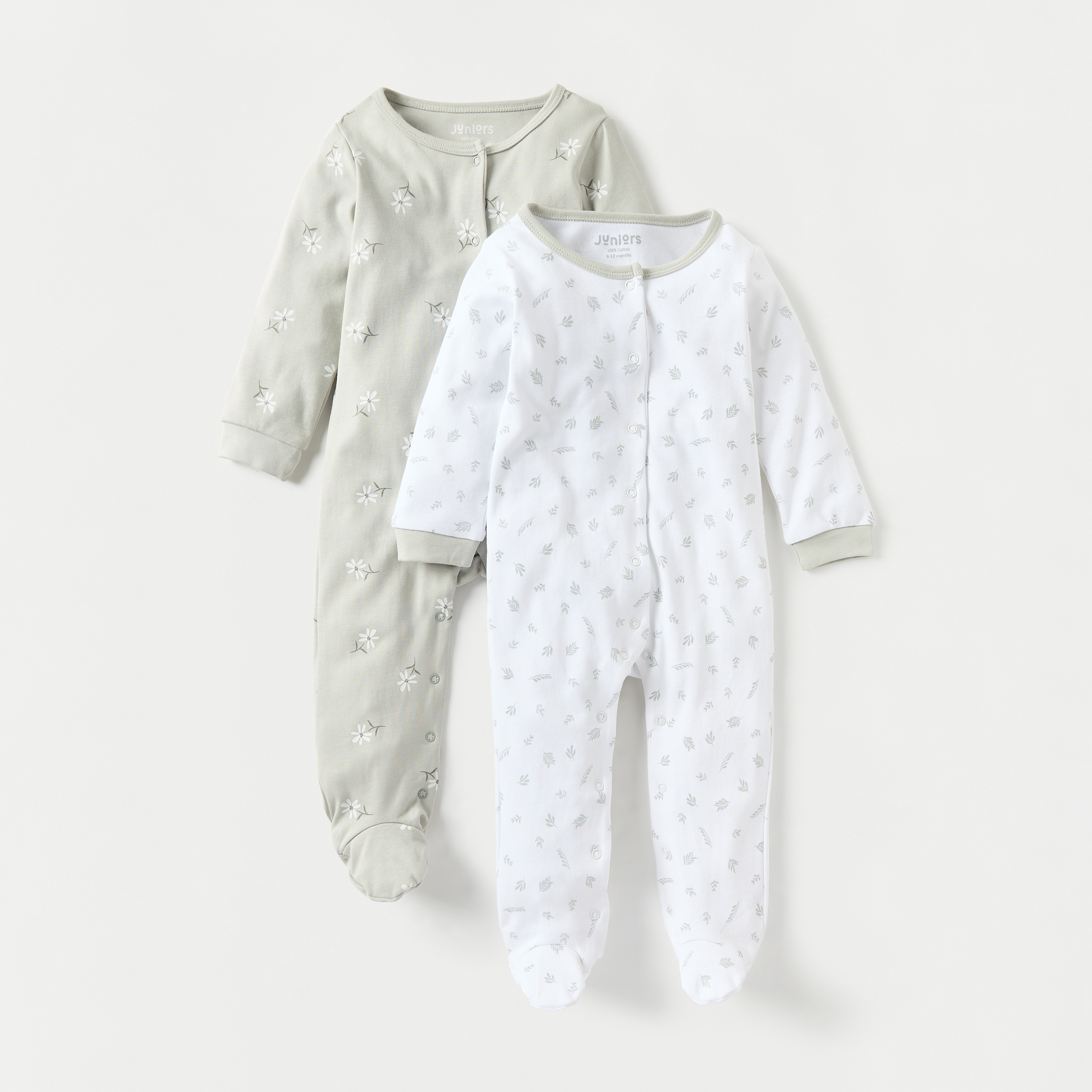Juniors Floral Print Closed-Feet Sleepsuit with Button Closure - Set of 2-baby-girls-clothing-nightwear-sleepsuits-image-1