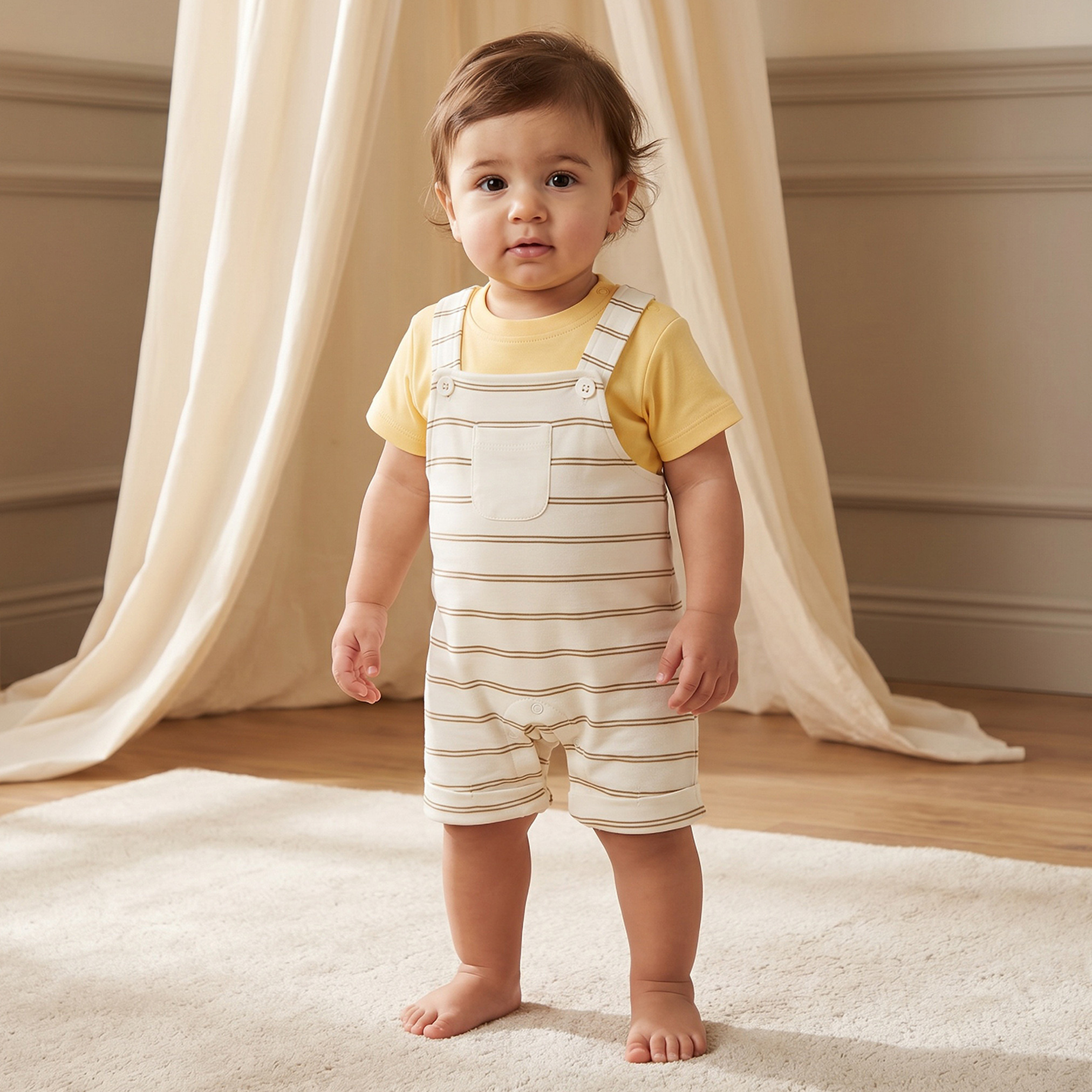 Juniors Striped Dungarees and Solid T-shirt Set-baby-boys-clothing-rompers-image-1