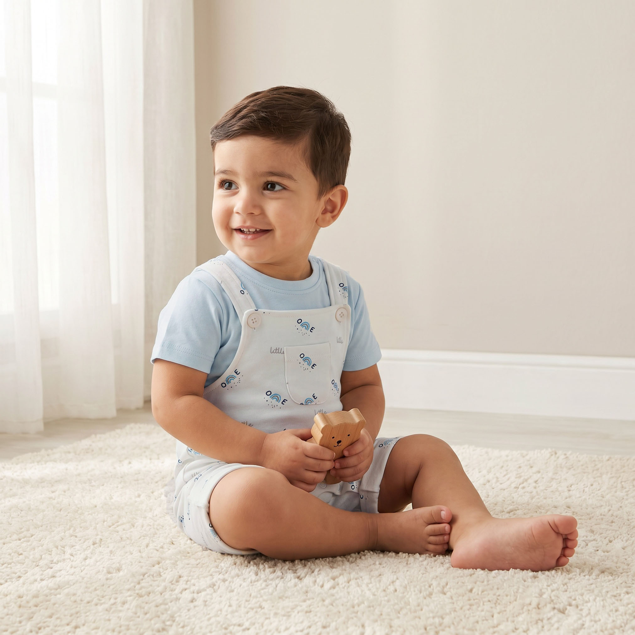 Juniors Crew Neck Short Sleeves T-shirt and Dungaree Set with Rainbow Print-baby-boys-clothing-setsandcoords-image-1