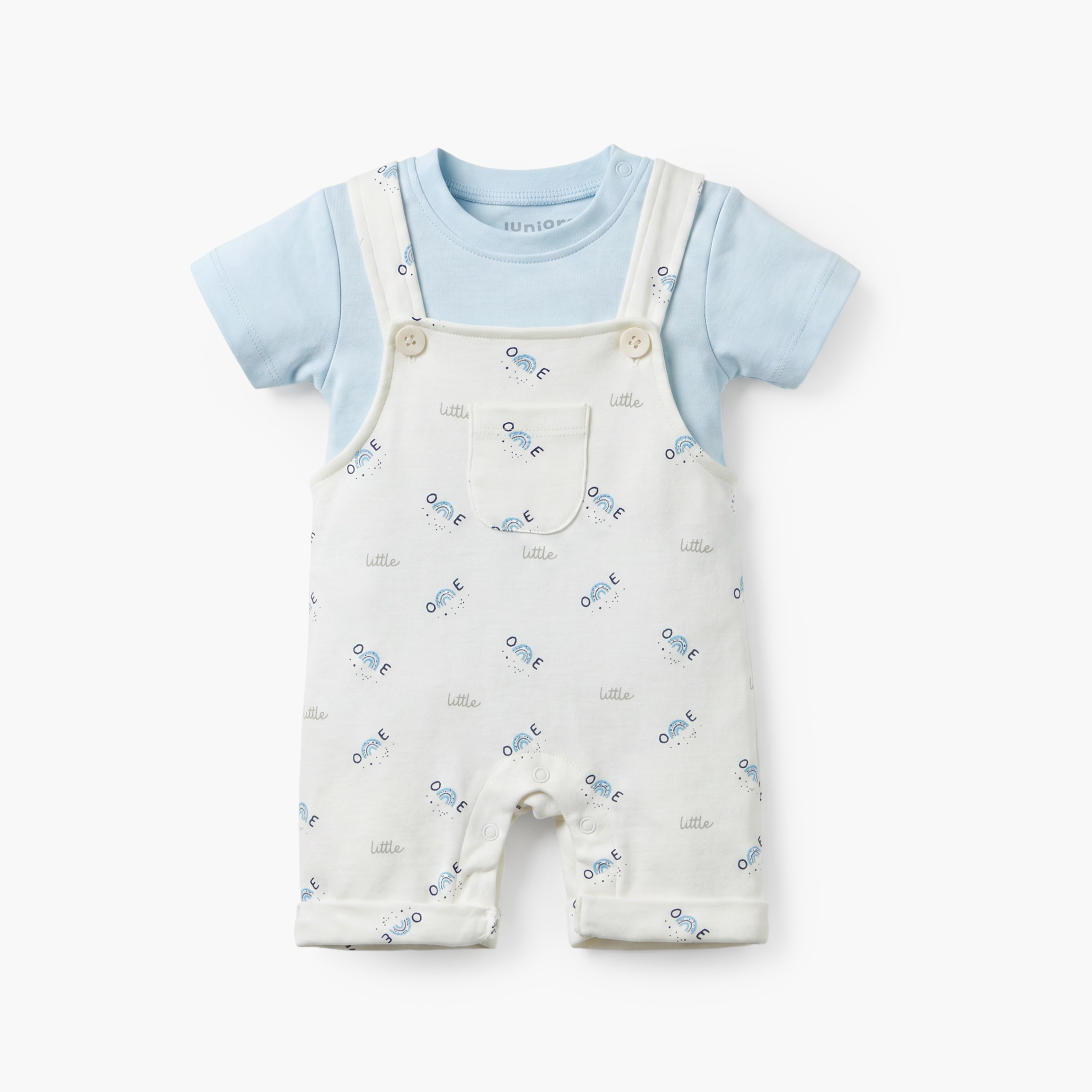 Juniors Crew Neck Short Sleeves T-shirt and Dungaree Set with Rainbow Print-baby-boys-clothing-setsandcoords-image-2