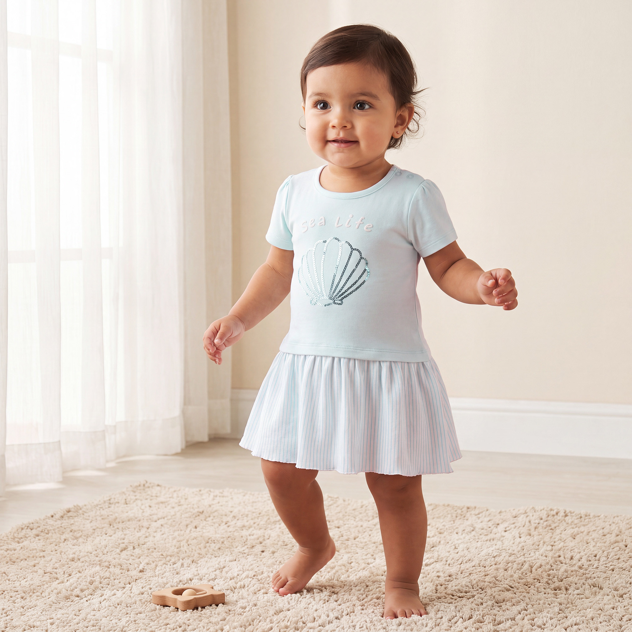 فستان بطول الركبة بأكمام قصيرة وياقة ضيقة وصدفة بحر مزيّنة من جونيورز-baby-girls-clothing-dressesandjumpsuits-image-1
