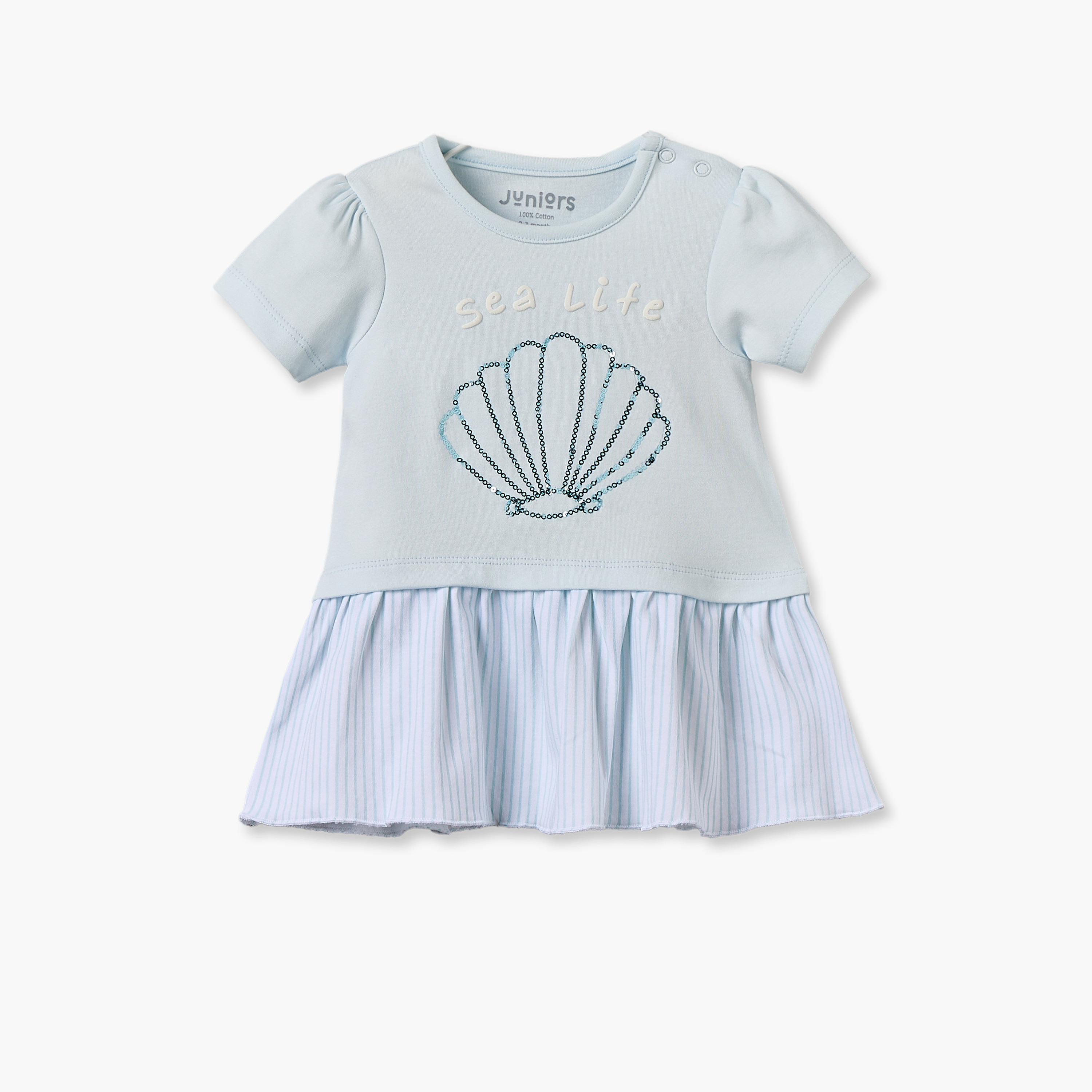 فستان بطول الركبة بأكمام قصيرة وياقة ضيقة وصدفة بحر مزيّنة من جونيورز-baby-girls-clothing-dressesandjumpsuits-image-2