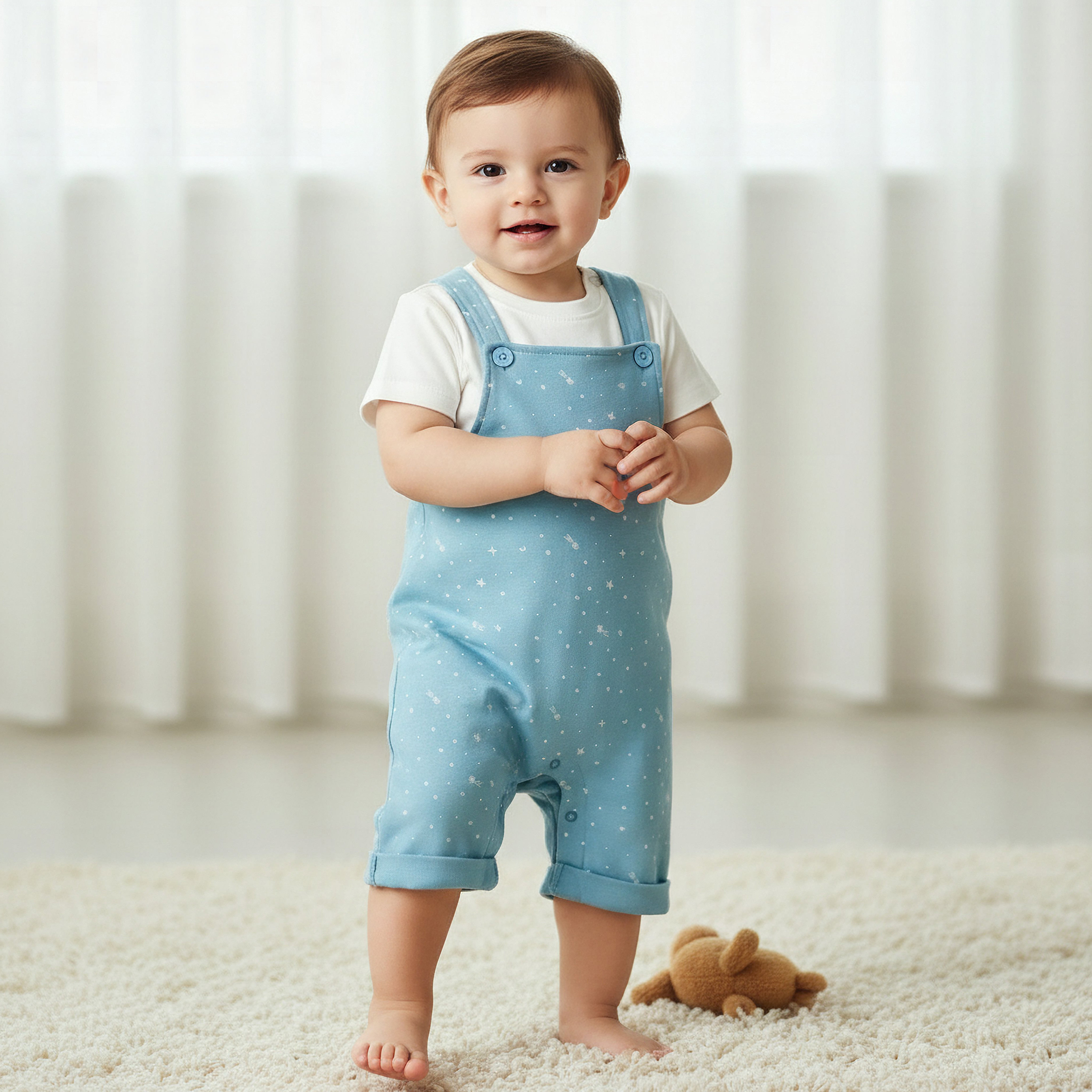 Juniors Round Neck Short Sleeves T-shirt and Dungaree Set with Print-baby-boys-clothing-setsandcoords-image-1
