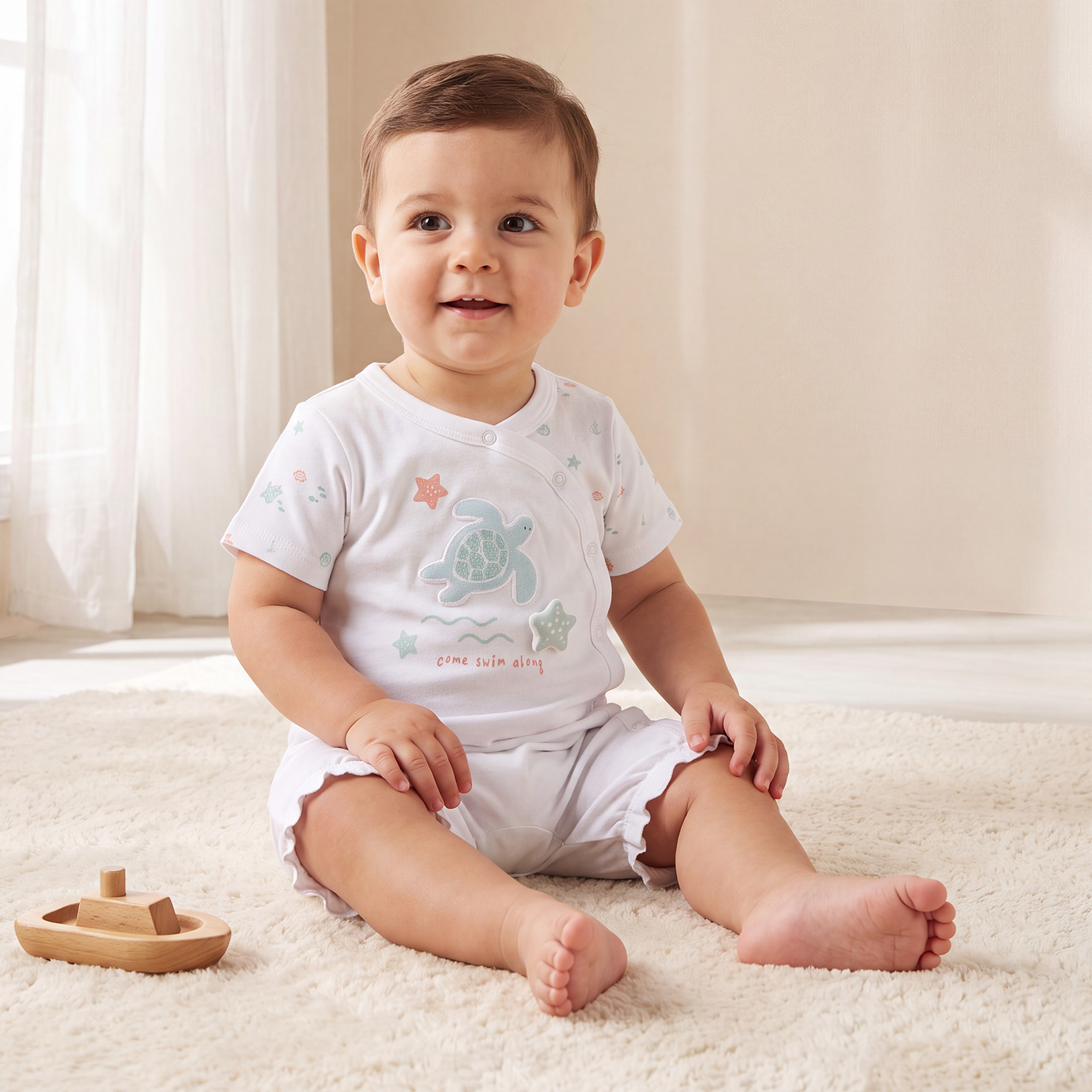 أفرول بأكمام قصيرة وياقة ضيقة بطبعات عالم البحار من جونيورز-baby-girls-clothing-rompers-image-1